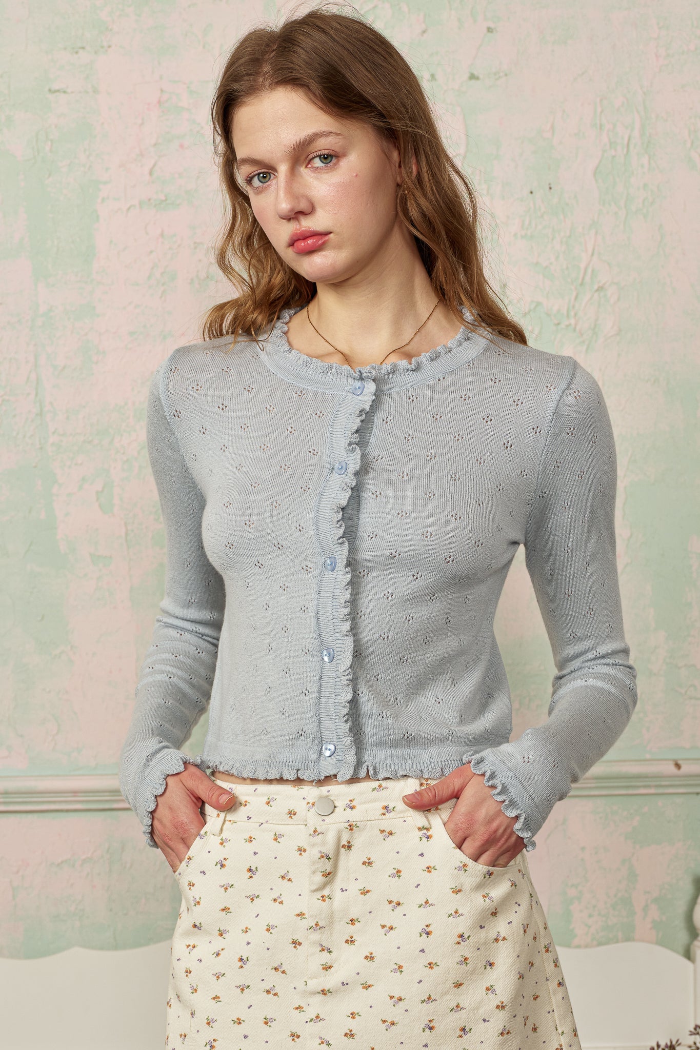 RP2845 - Periwinkle Ruffle Button Cardigan (2S-2M-2L)