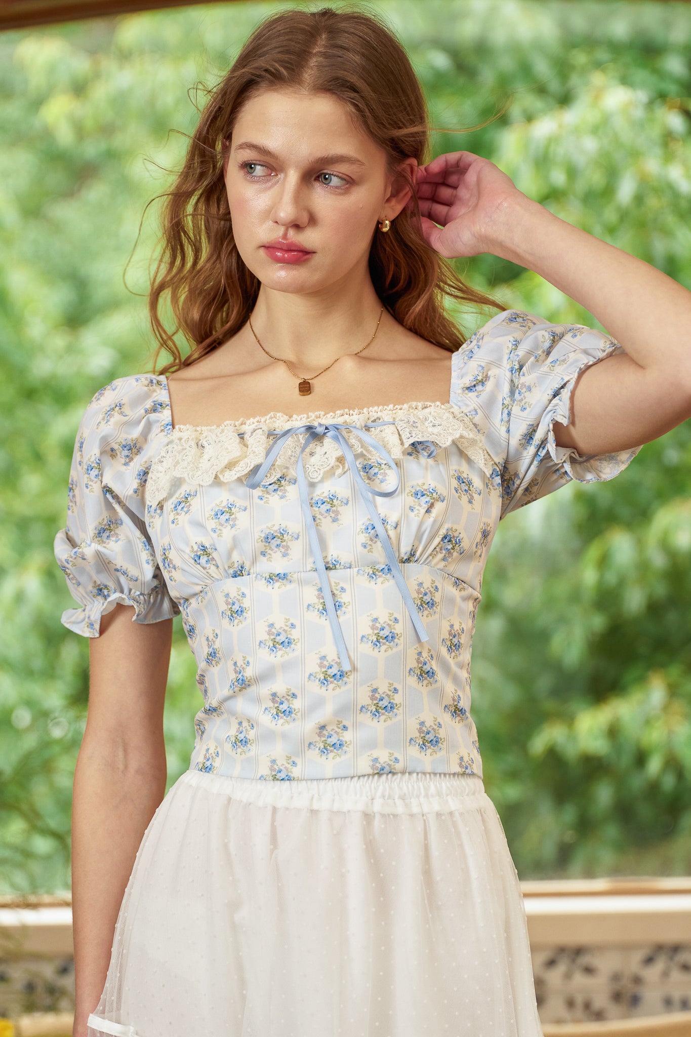 RP2850 - Blue Lace Ruffle Floral Blouse (2S-2M-2L)