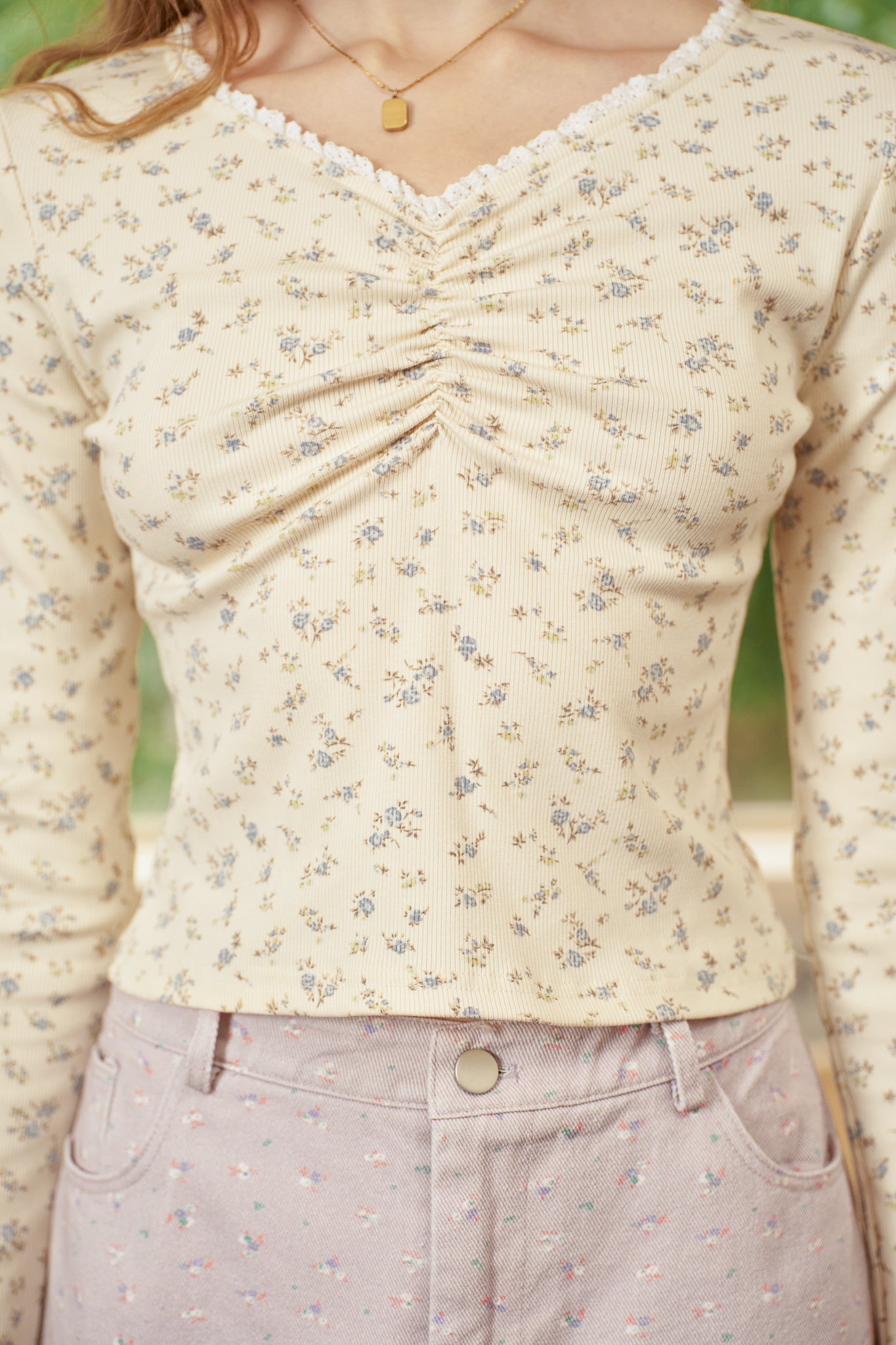 RP2788 - Ruched Floral Long Sleeve Top Yellow (2S-2M-2L)
