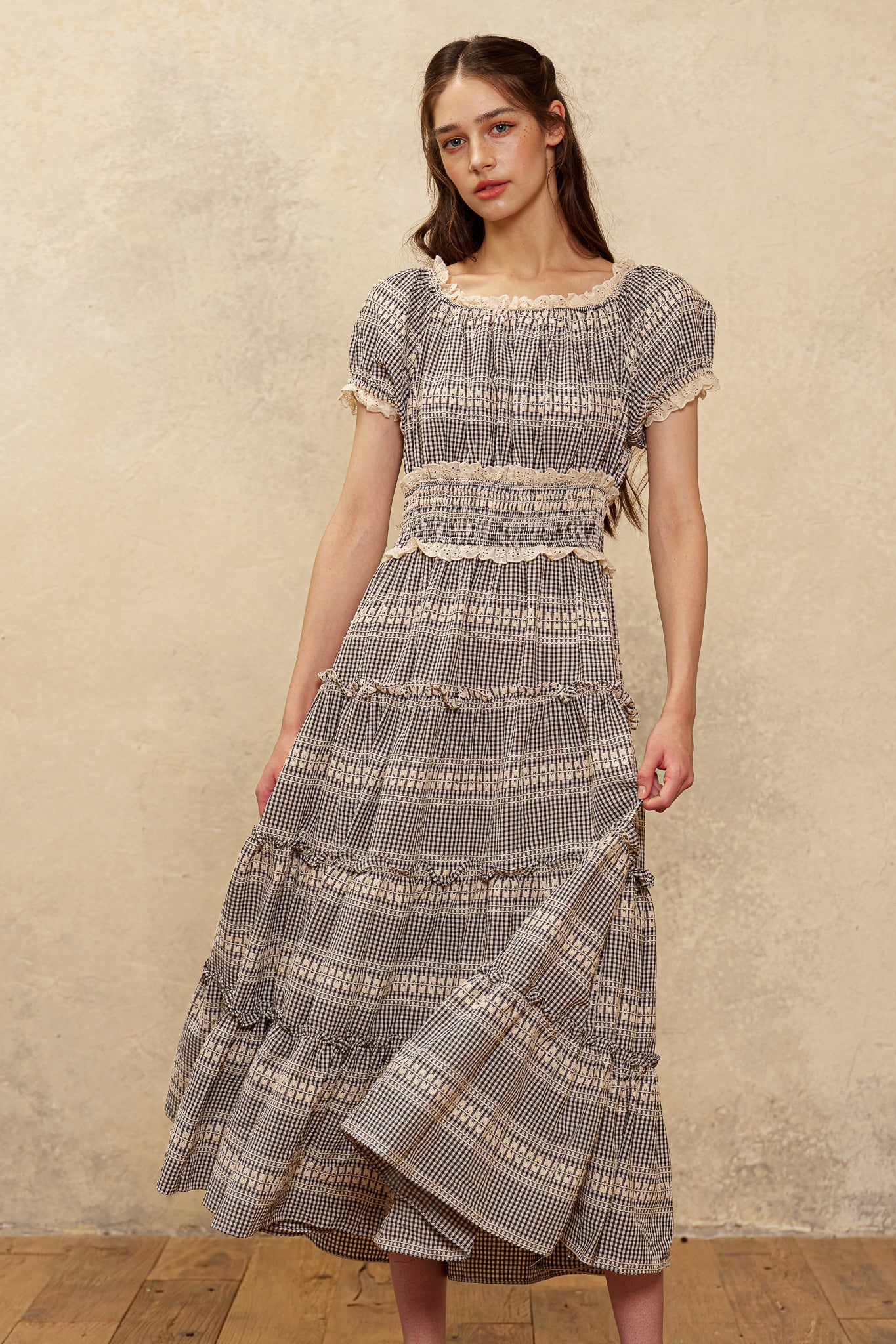 RP3055 - Smocked Waist Gingham Tiered Dress (2S-2M-2L)