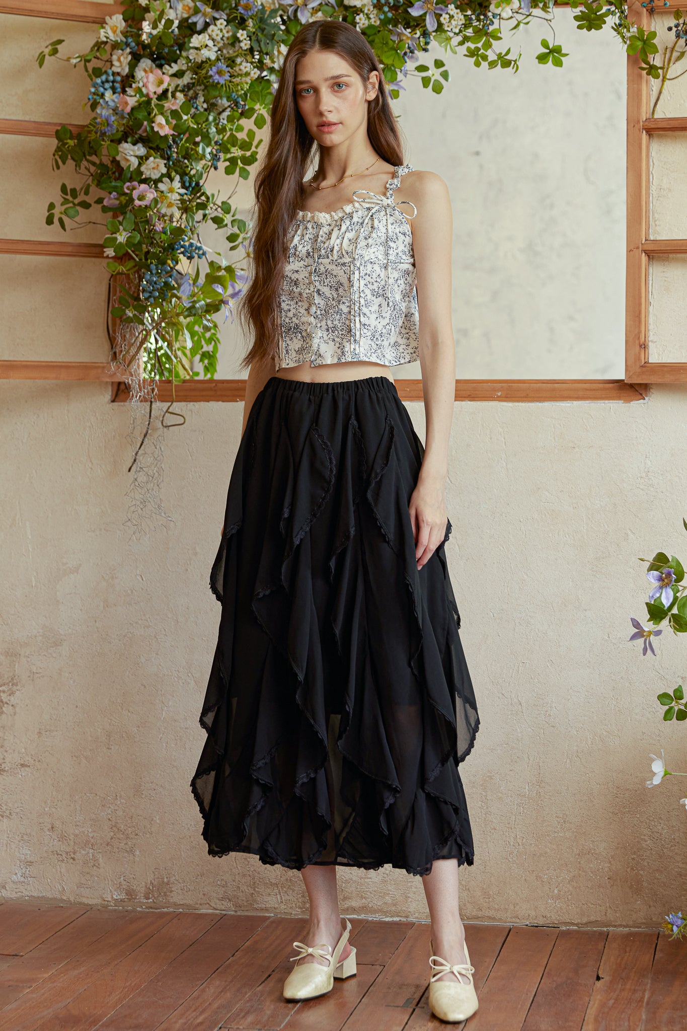 RP2978 - Black Cascading Petal Midi Skirt (2S-2M-2L)