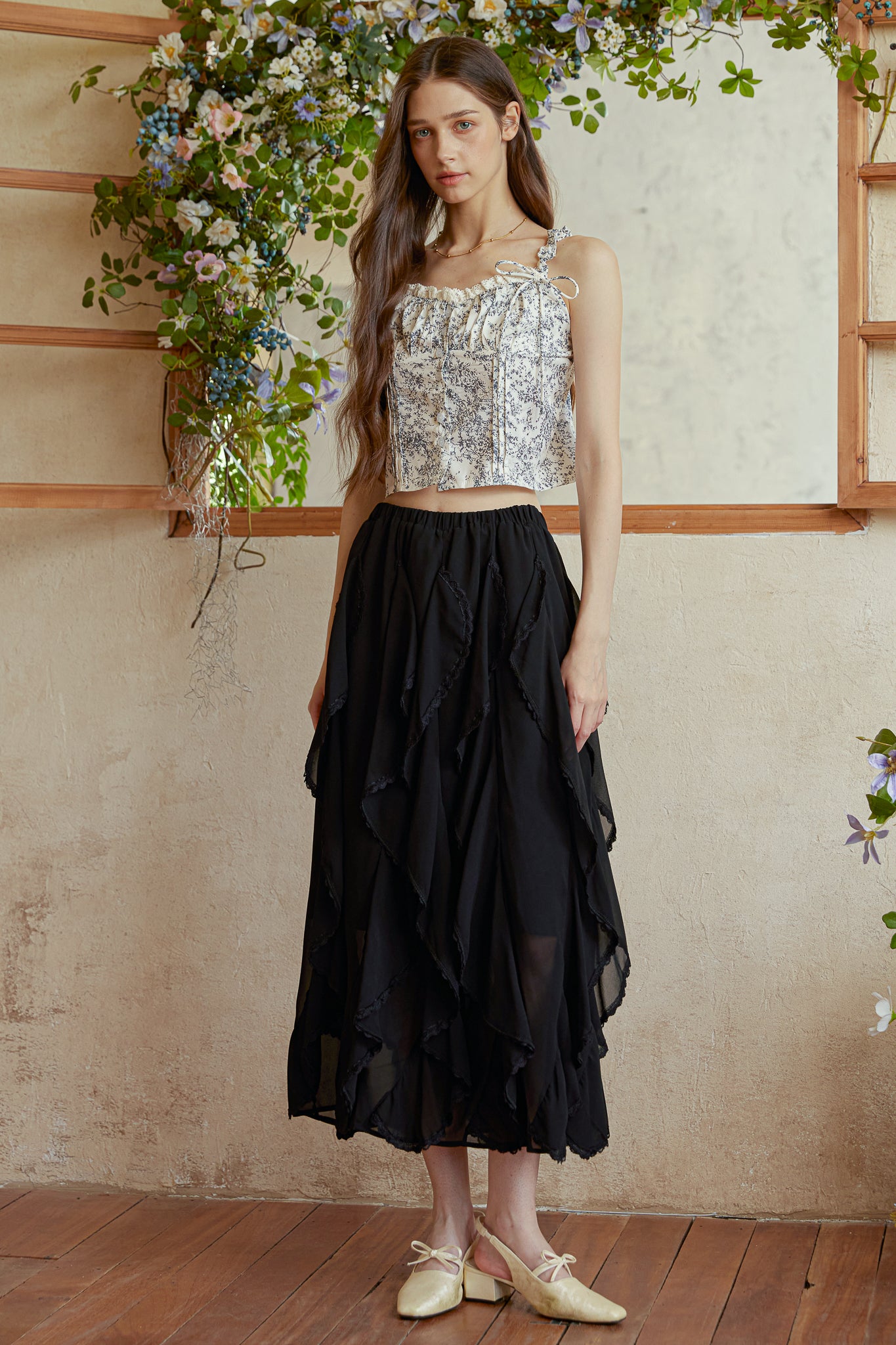 RP2978 - Black Cascading Petal Midi Skirt (2S-2M-2L)