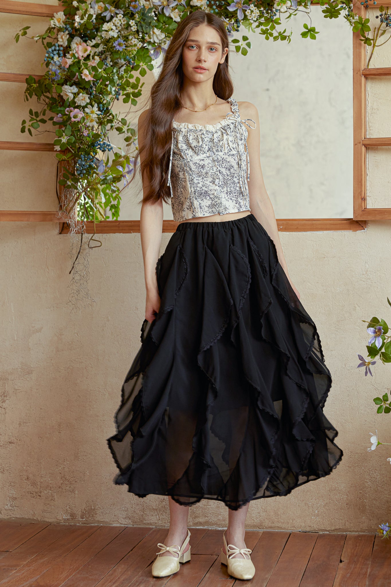 RP2978 - Black Cascading Petal Midi Skirt (2S-2M-2L)