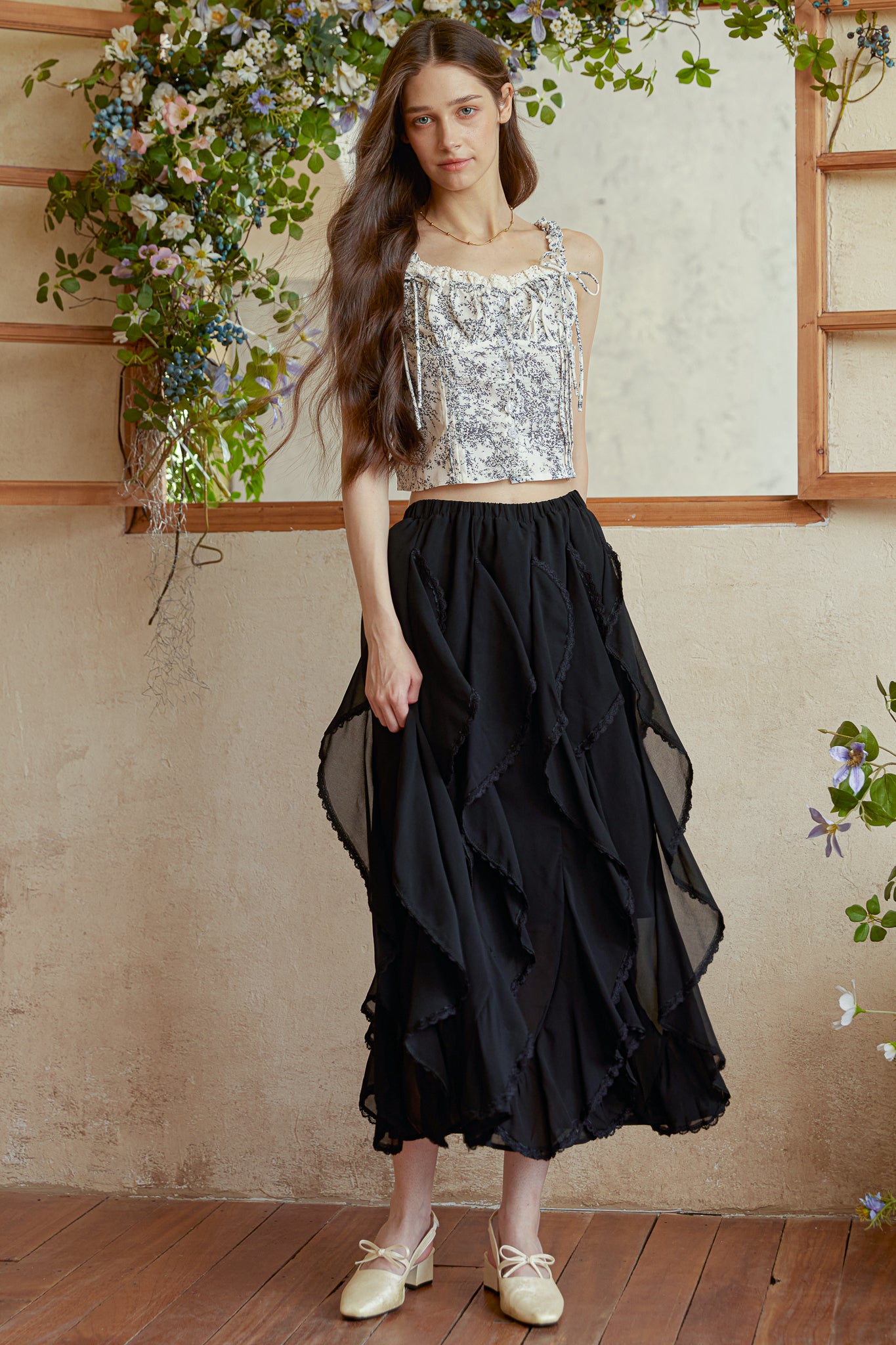 RP2978 - Black Cascading Petal Midi Skirt (2S-2M-2L)
