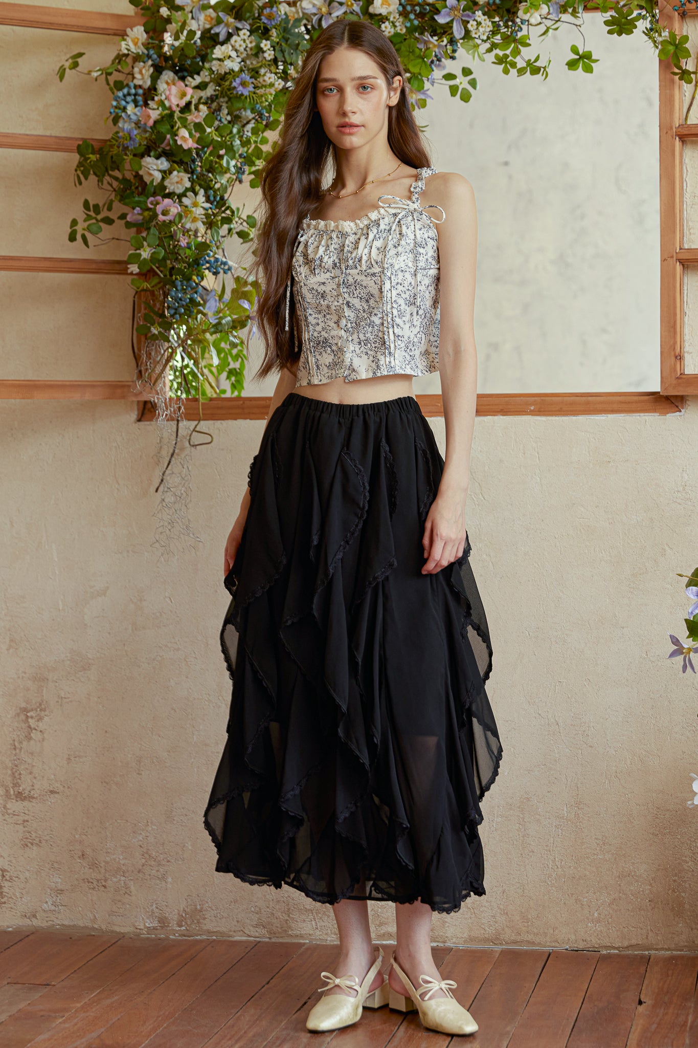 RP2978 - Black Cascading Petal Midi Skirt (2S-2M-2L)