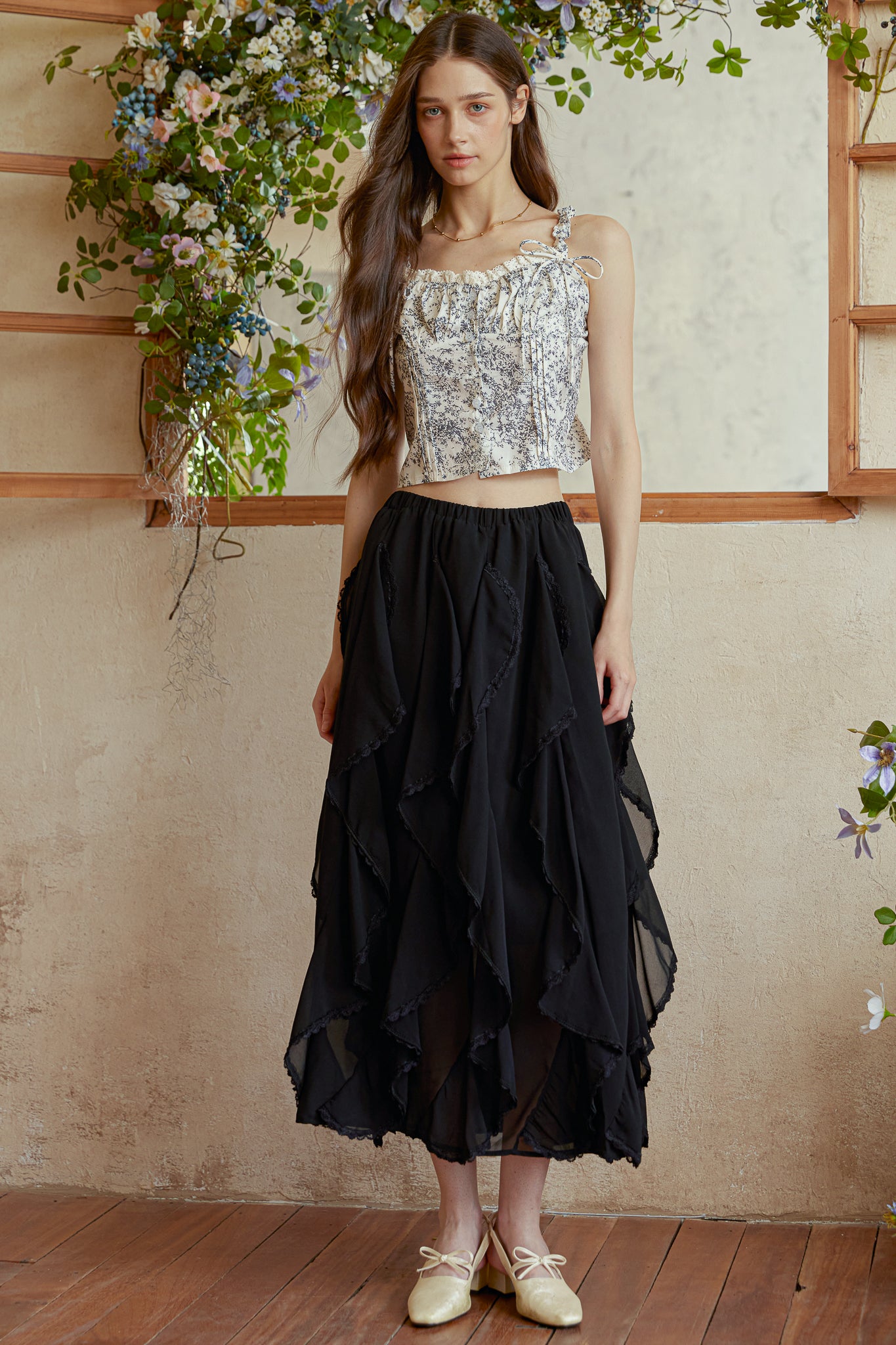RP2978 - Black Cascading Petal Midi Skirt (2S-2M-2L)