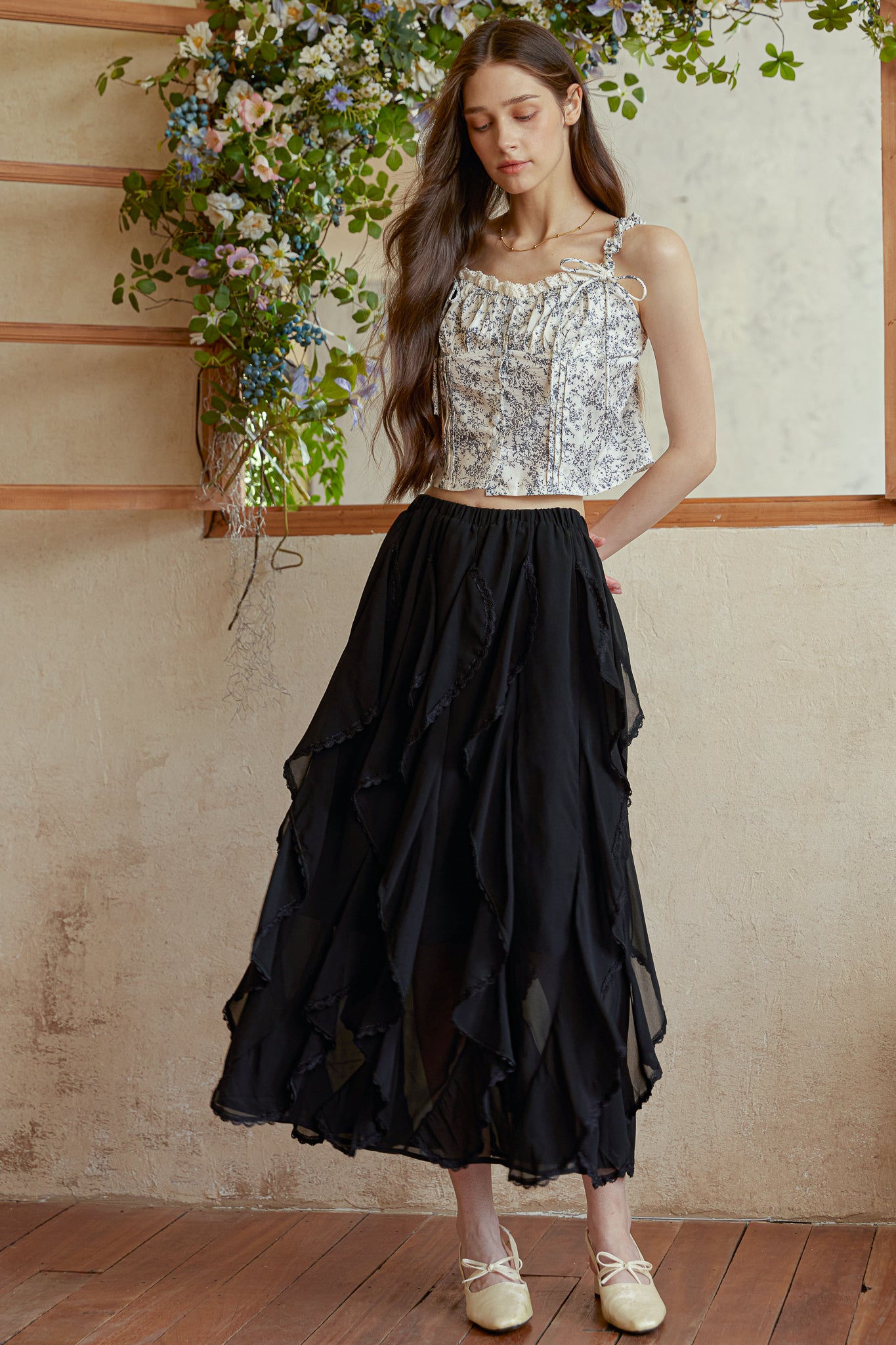 RP2978 - Black Cascading Petal Midi Skirt (2S-2M-2L)