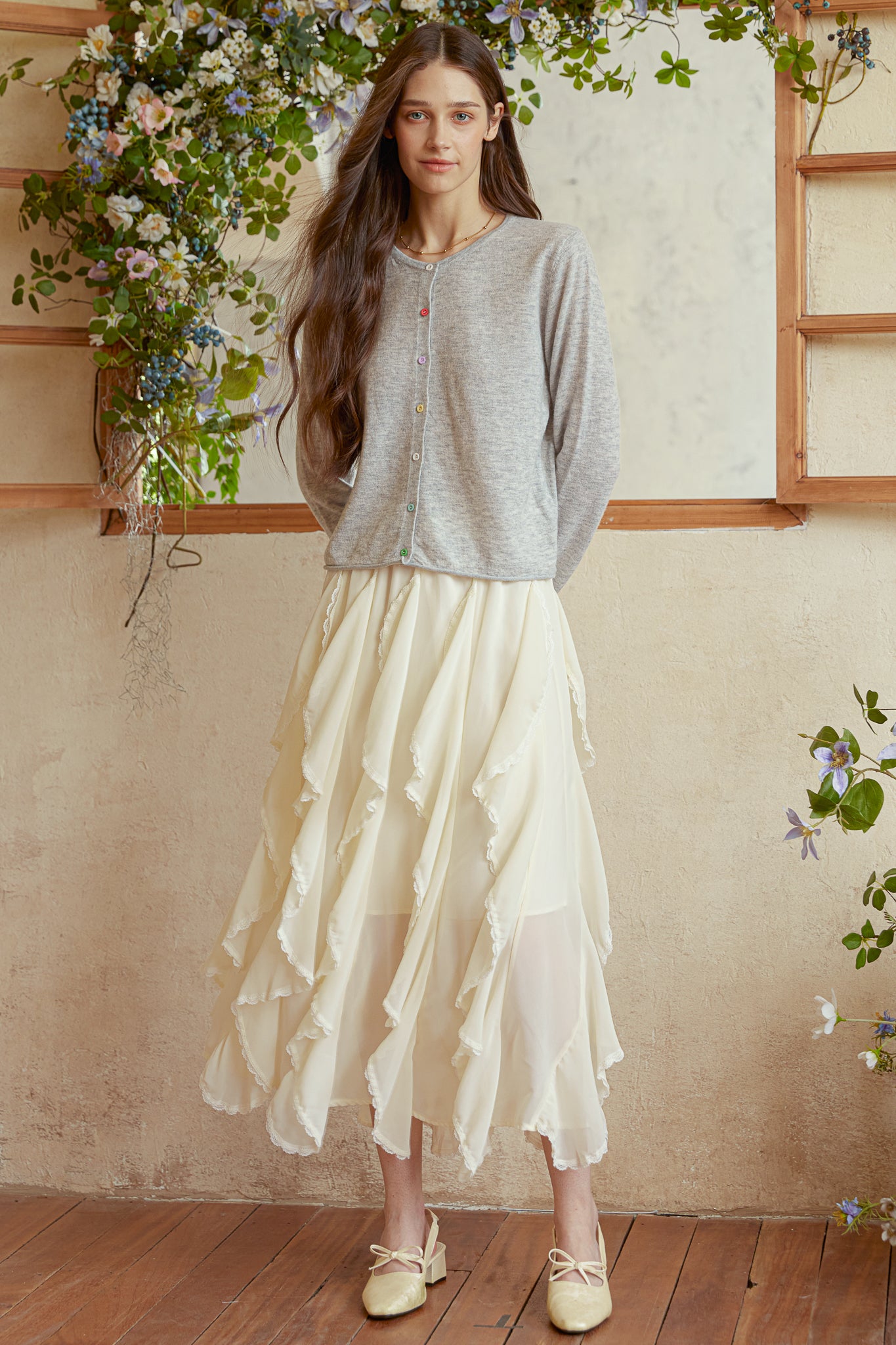 RP2938 - Cream Chiffon Ruffle Skirt (2S-2M-2L)