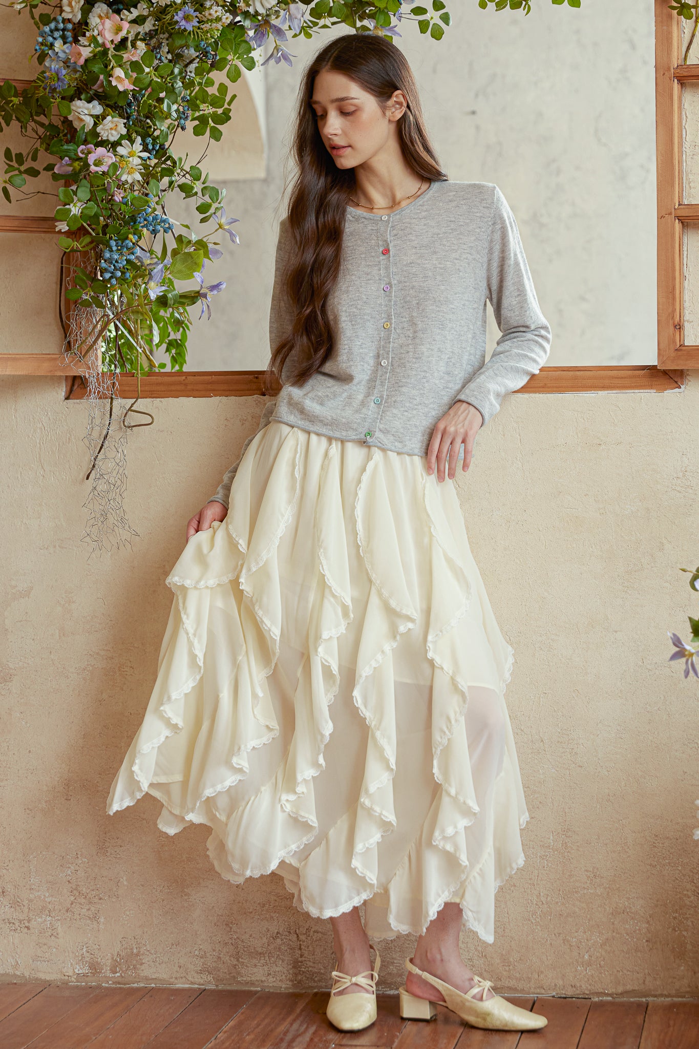 RP2938 - Cream Chiffon Ruffle Skirt (2S-2M-2L)