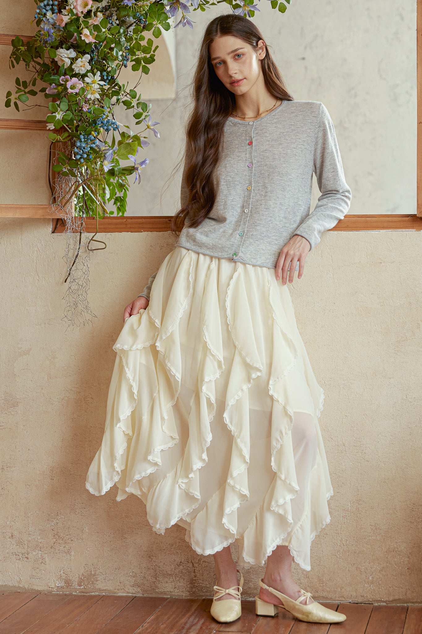 RP2938 - Cream Chiffon Ruffle Skirt (2S-2M-2L)