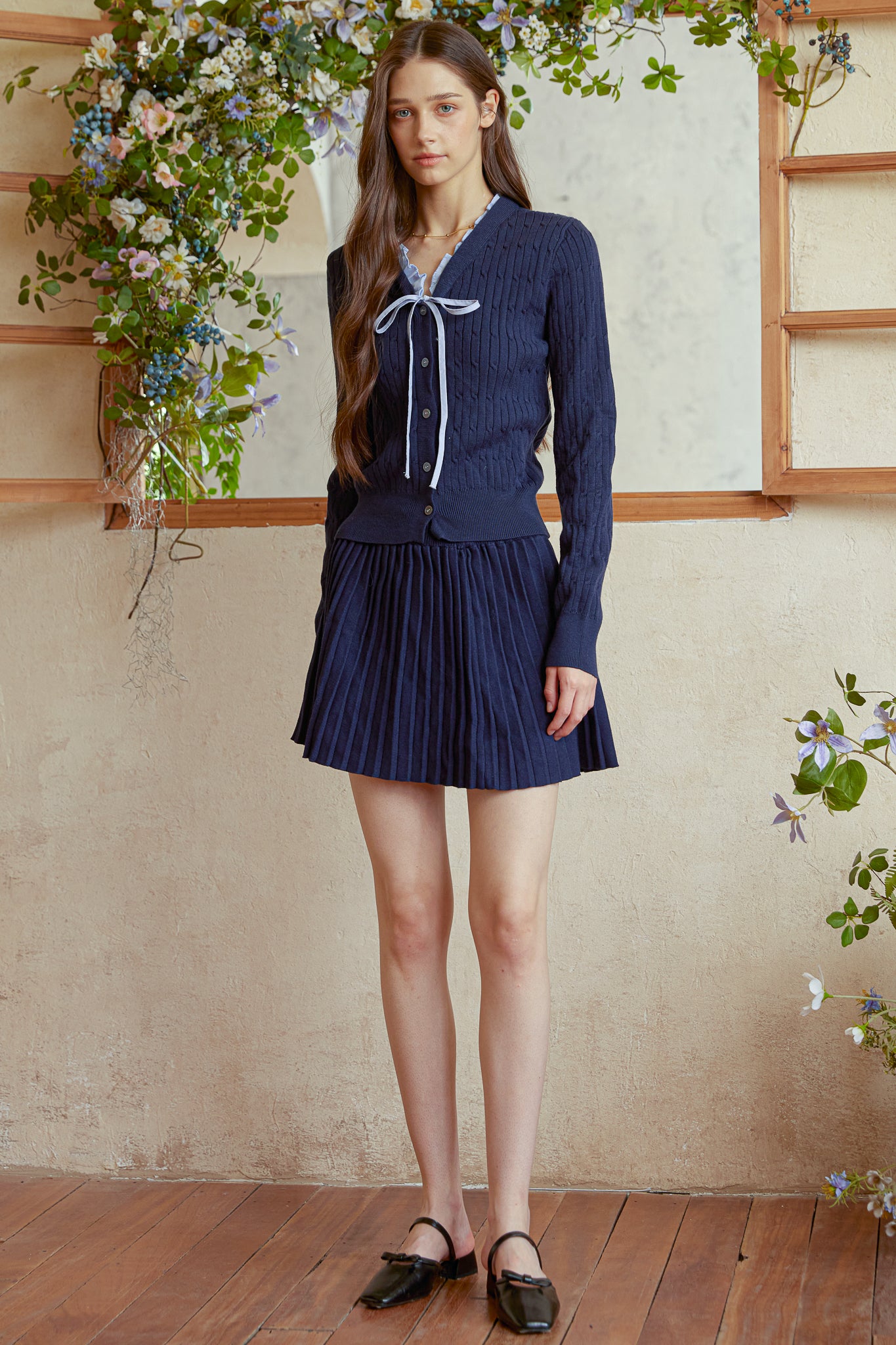 RP2945 - Navy Knit & Pleated Skirt Set (2S-2M-2L)