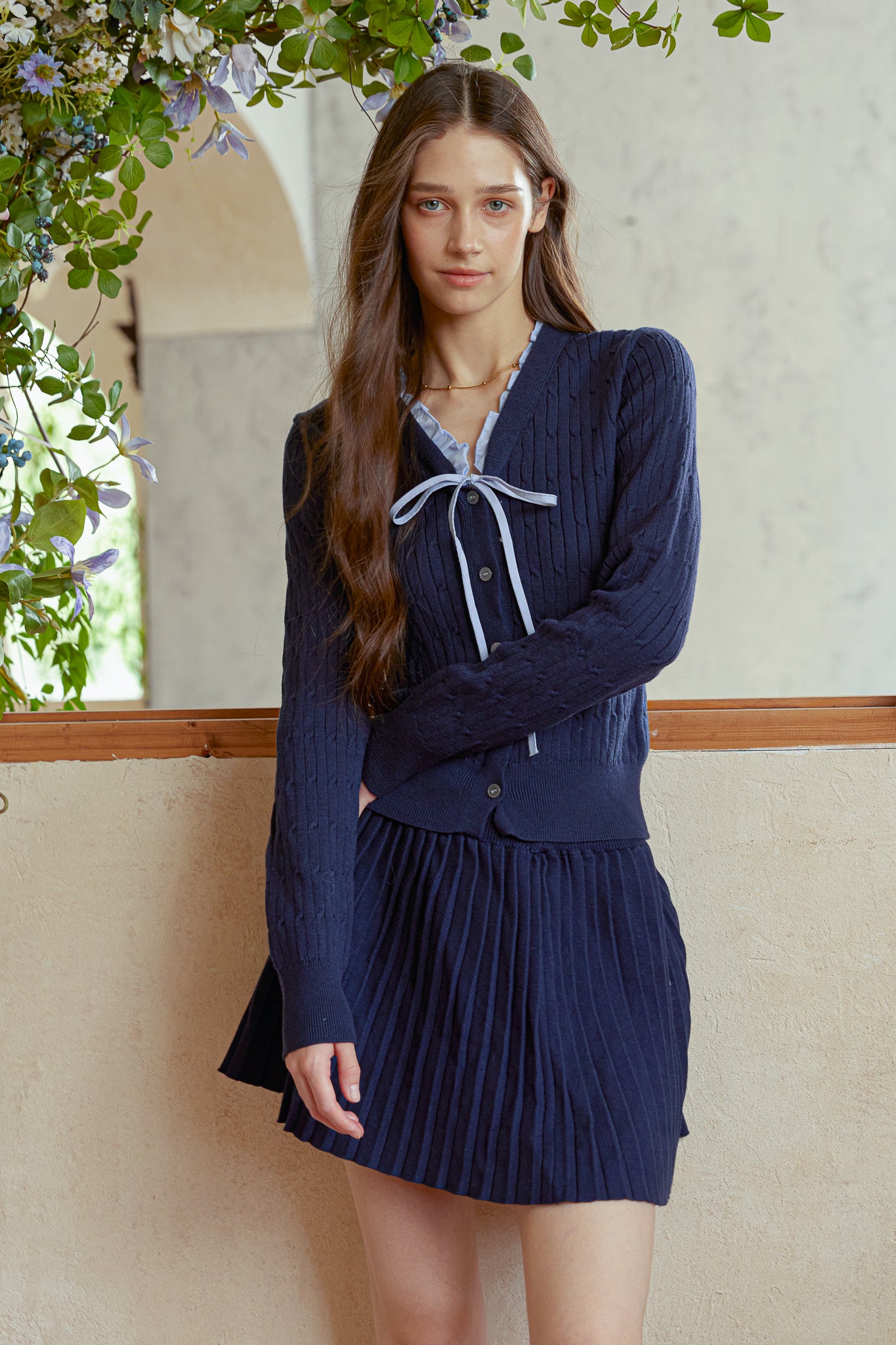 RP2945 - Navy Knit & Pleated Skirt Set (2S-2M-2L)