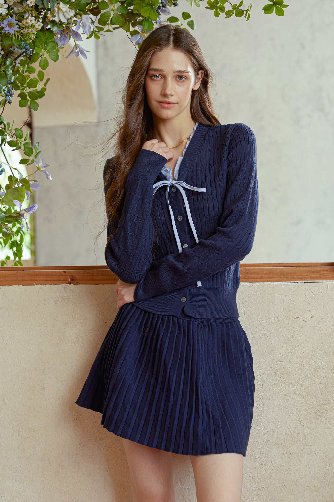 RP2945 - Navy Knit & Pleated Skirt Set (2S-2M-2L)