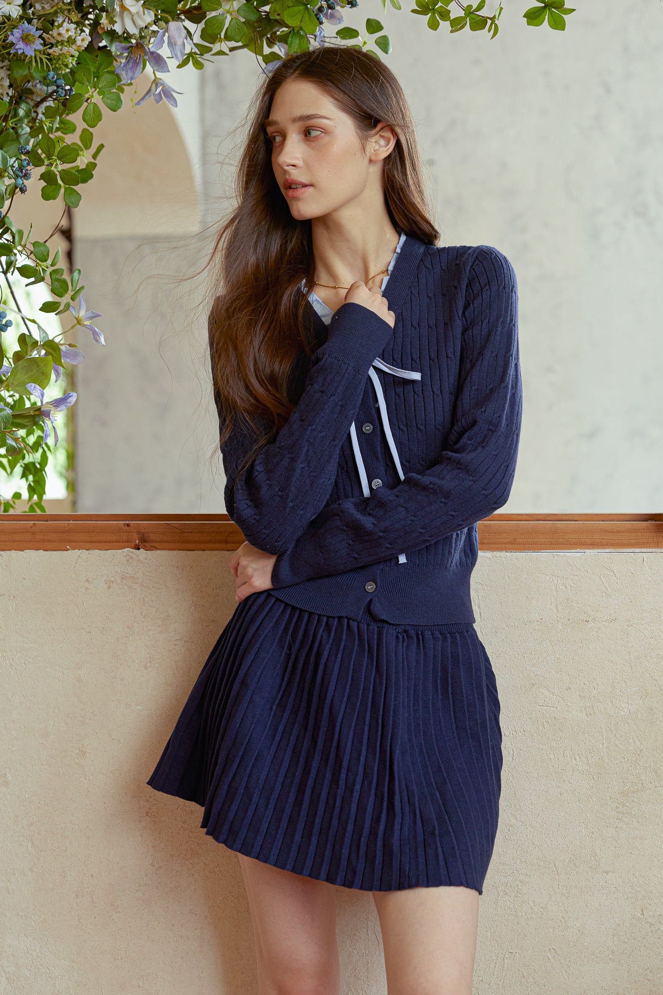 RP2945 - Navy Knit & Pleated Skirt Set (2S-2M-2L)