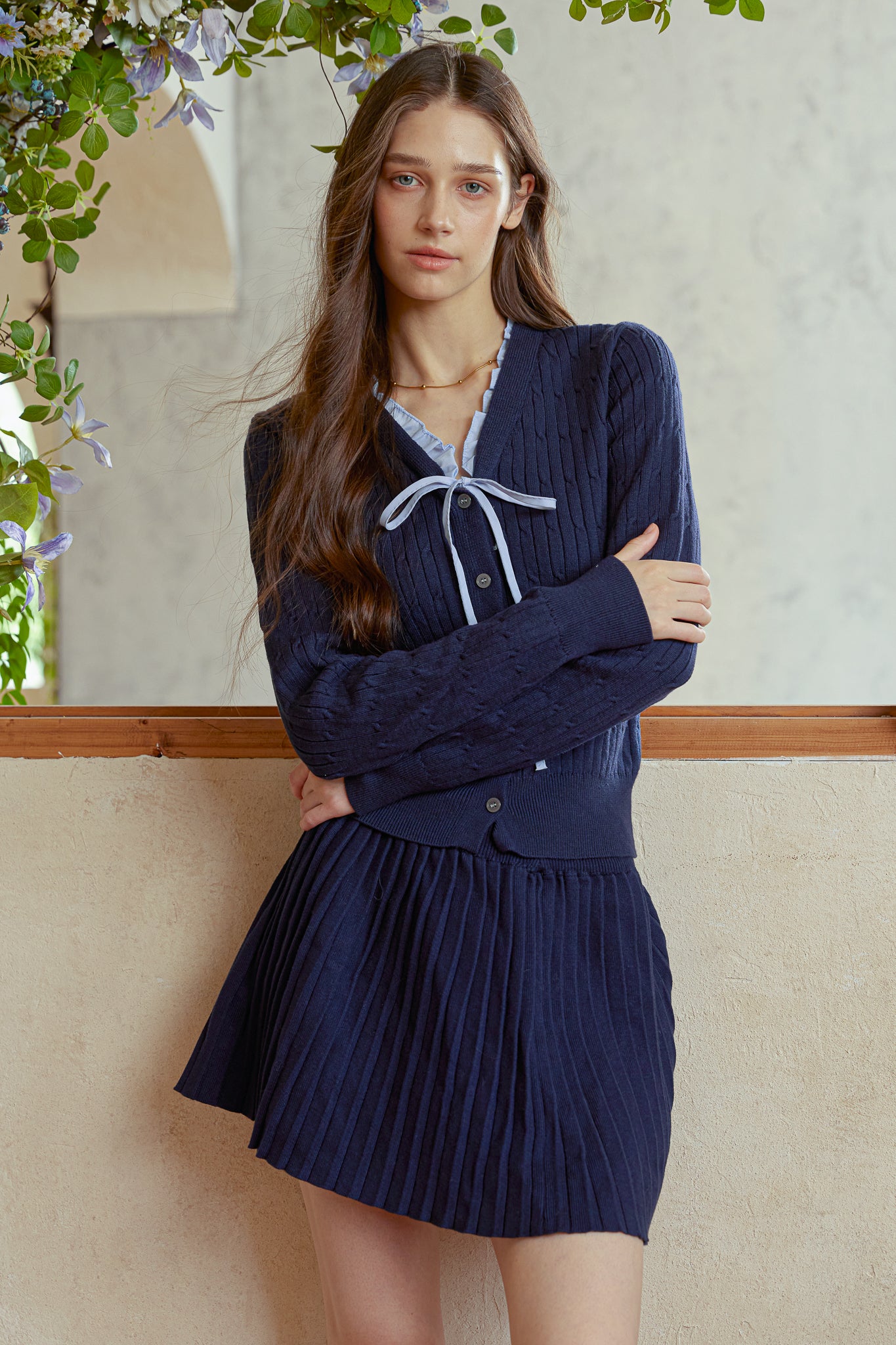 RP2945 - Navy Knit & Pleated Skirt Set (2S-2M-2L)