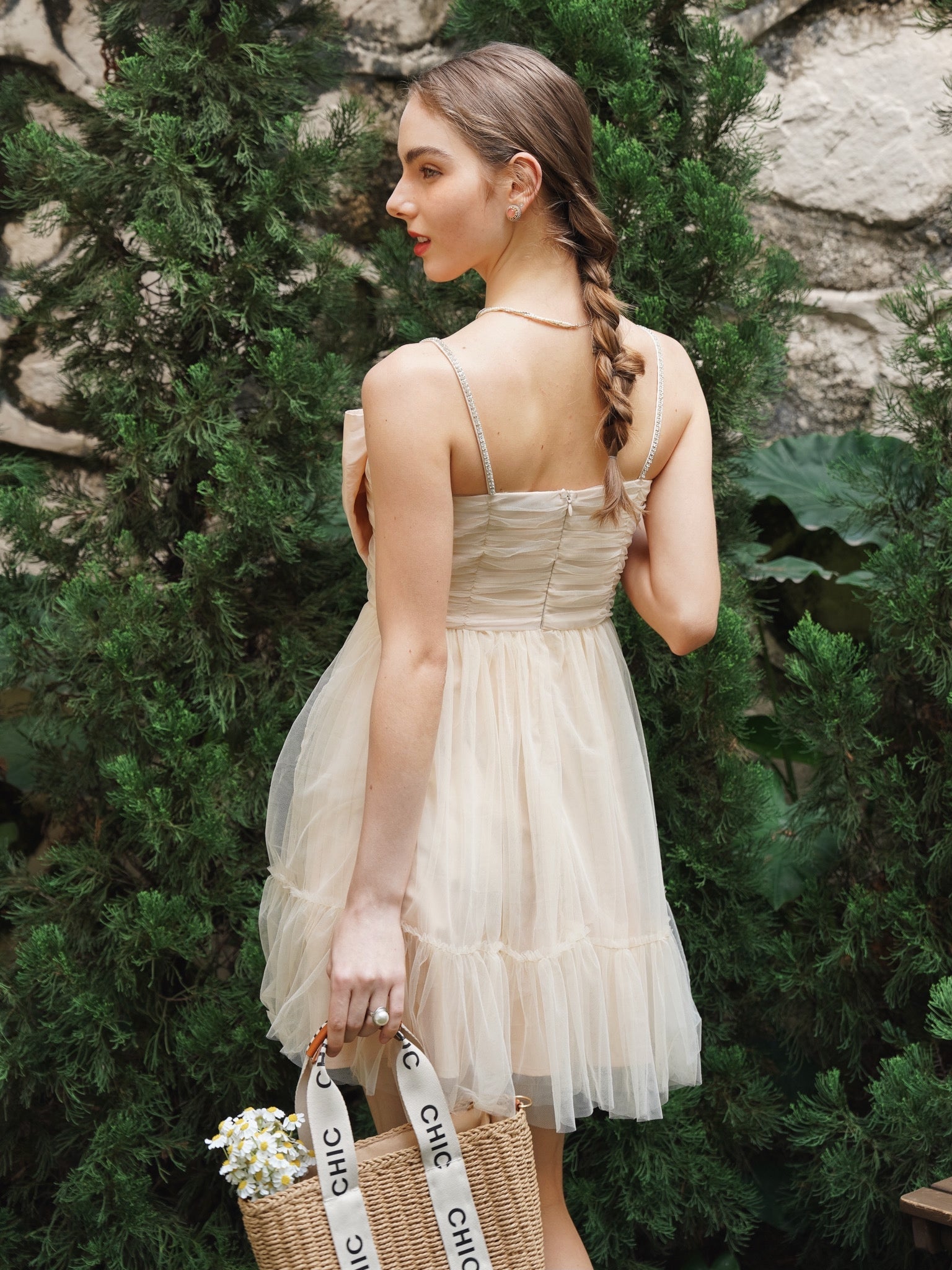 RP2250 - Champagne Tulle Cocktail Dress with Bow Accent and Sheer Overlay (2S-2M-2L)