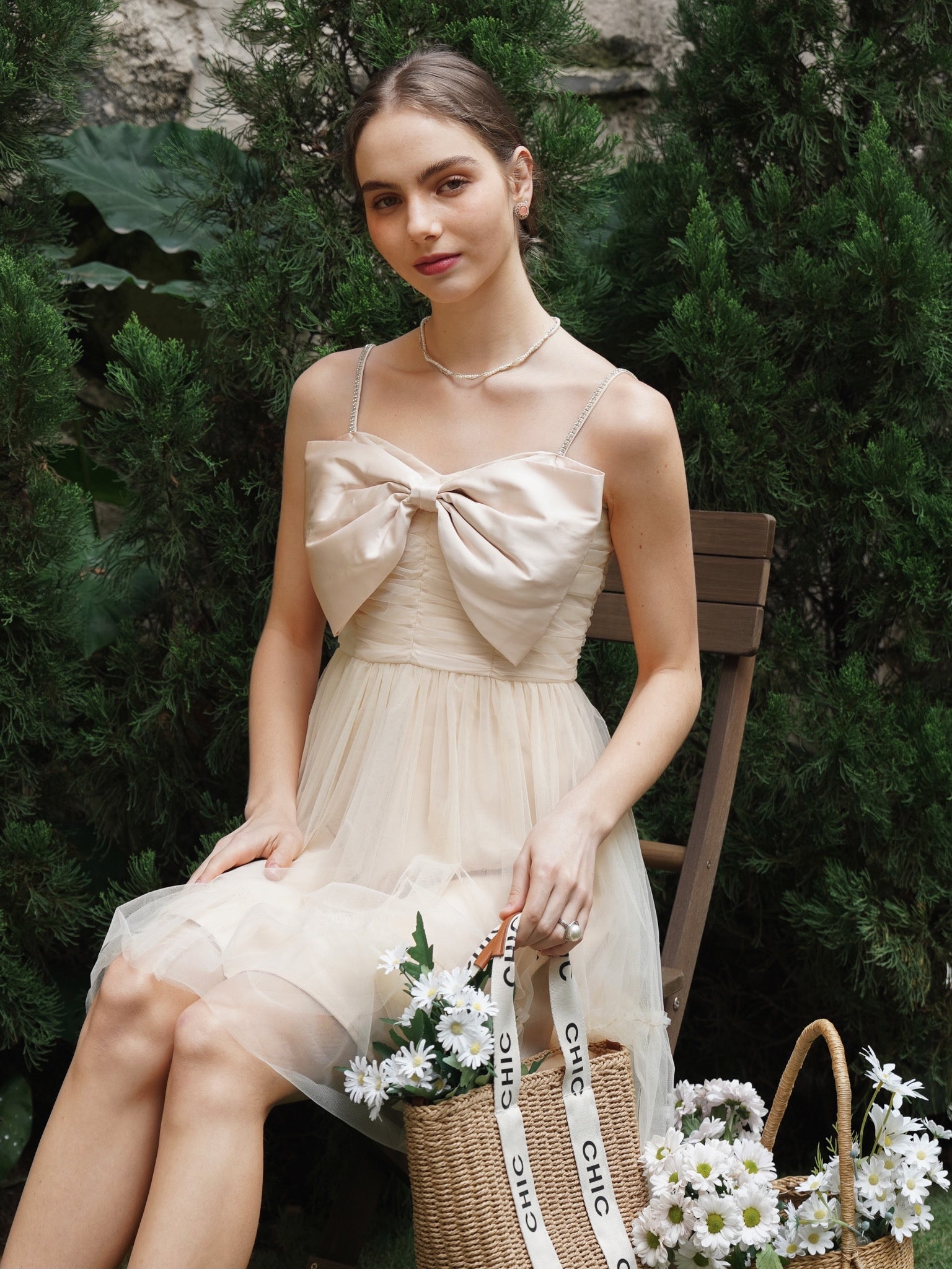 RP2250 - Champagne Tulle Cocktail Dress with Bow Accent and Sheer Overlay (2S-2M-2L)