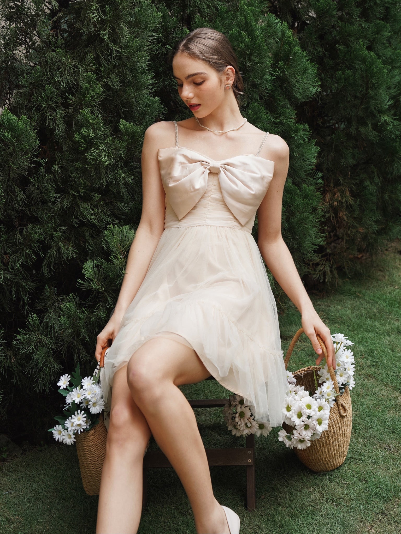 RP2250 - Champagne Tulle Cocktail Dress with Bow Accent and Sheer Overlay (2S-2M-2L)
