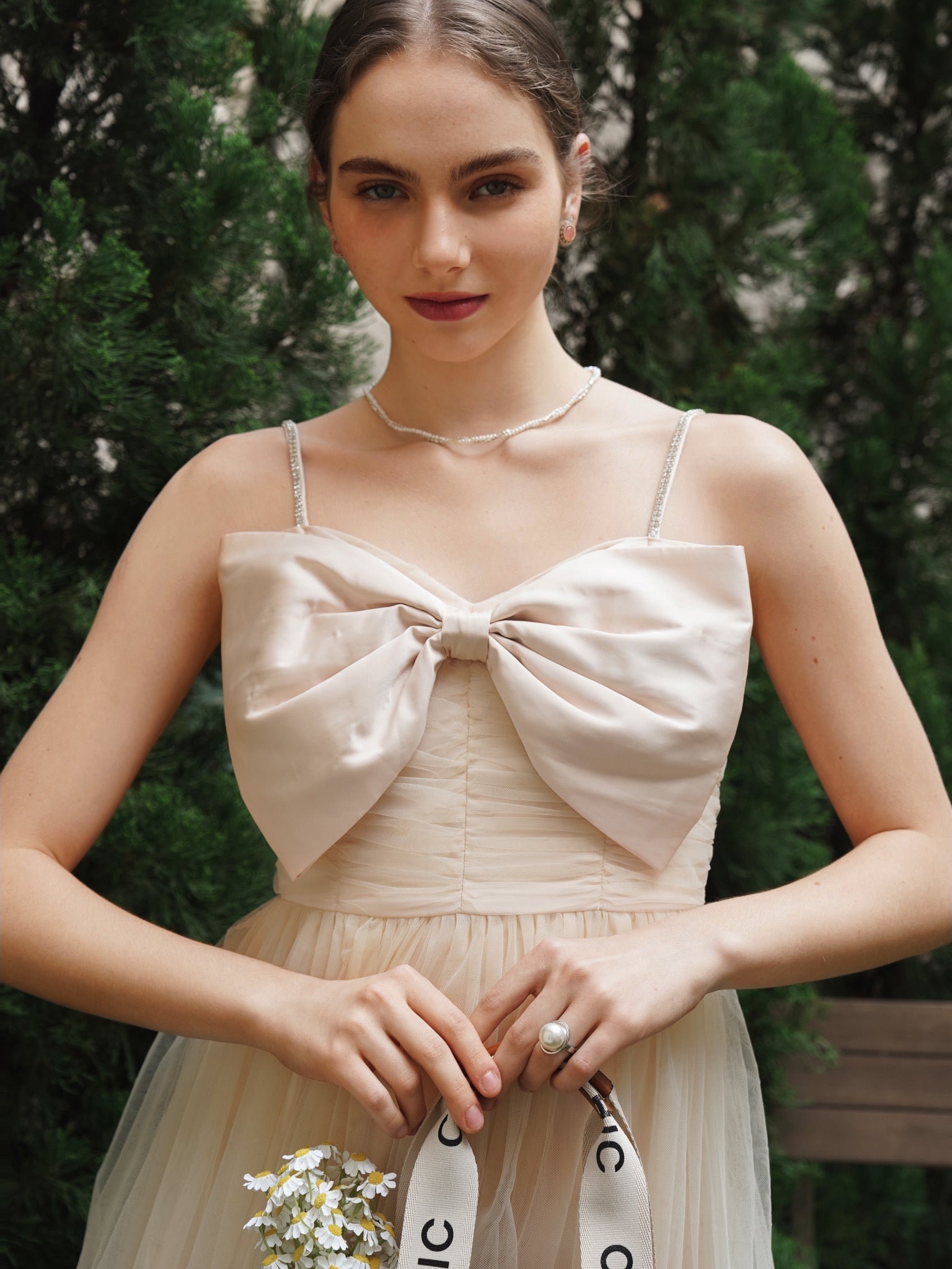 RP2250 - Champagne Tulle Cocktail Dress with Bow Accent and Sheer Overlay (2S-2M-2L)