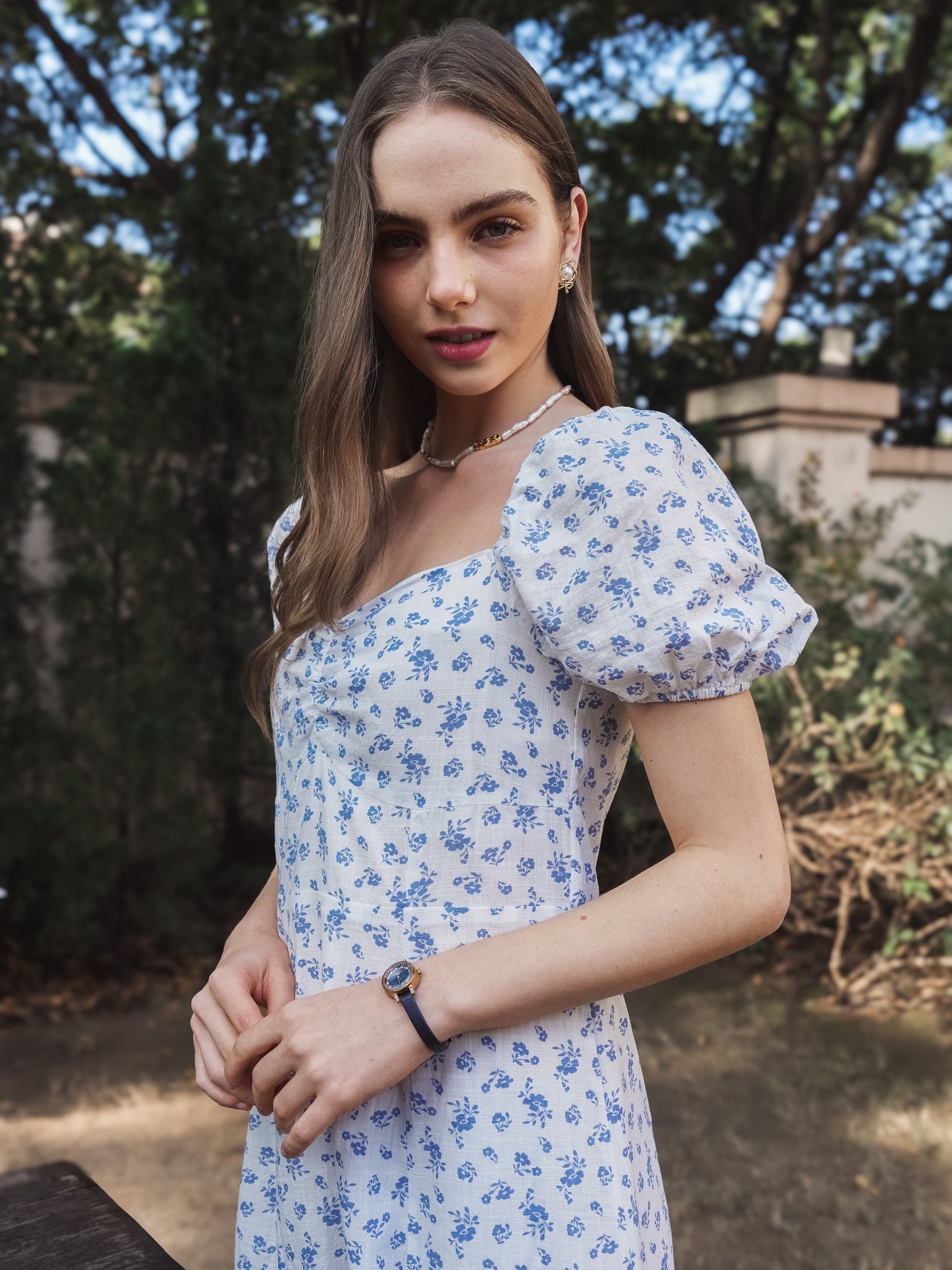 RP2221 - Vintage-Inspired Blue Floral Midi Dress with Puff Sleeves (2S-2M-2L)