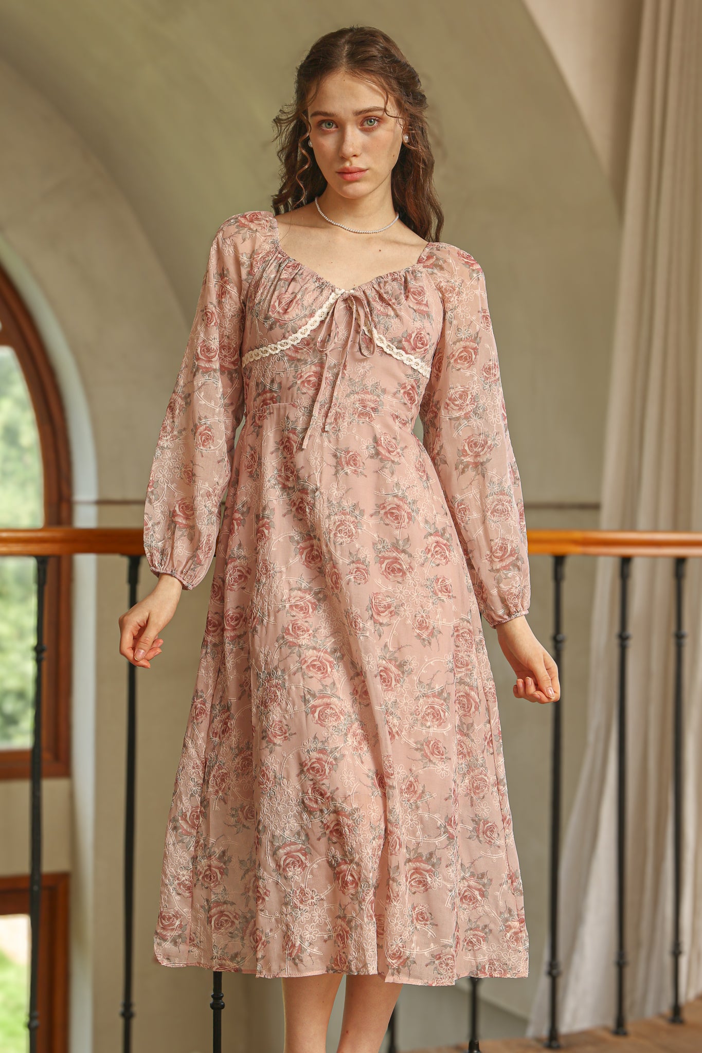 RP2520 - Dusty Rose Lace Trim Floral Dress (2S-2M-2L)