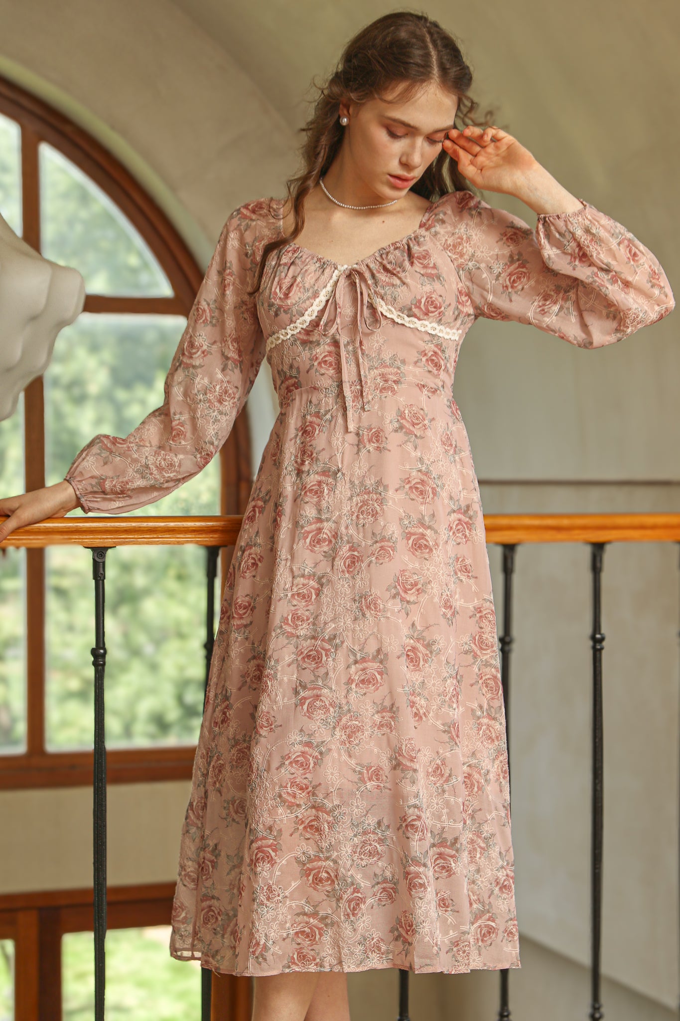 RP2520 - Dusty Rose Lace Trim Floral Dress (2S-2M-2L)