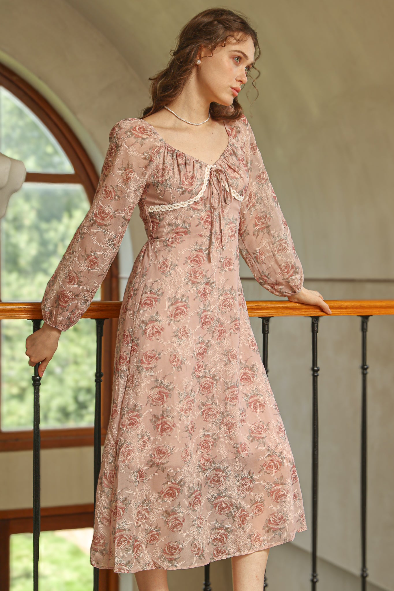 RP2520 - Dusty Rose Lace Trim Floral Dress (2S-2M-2L)