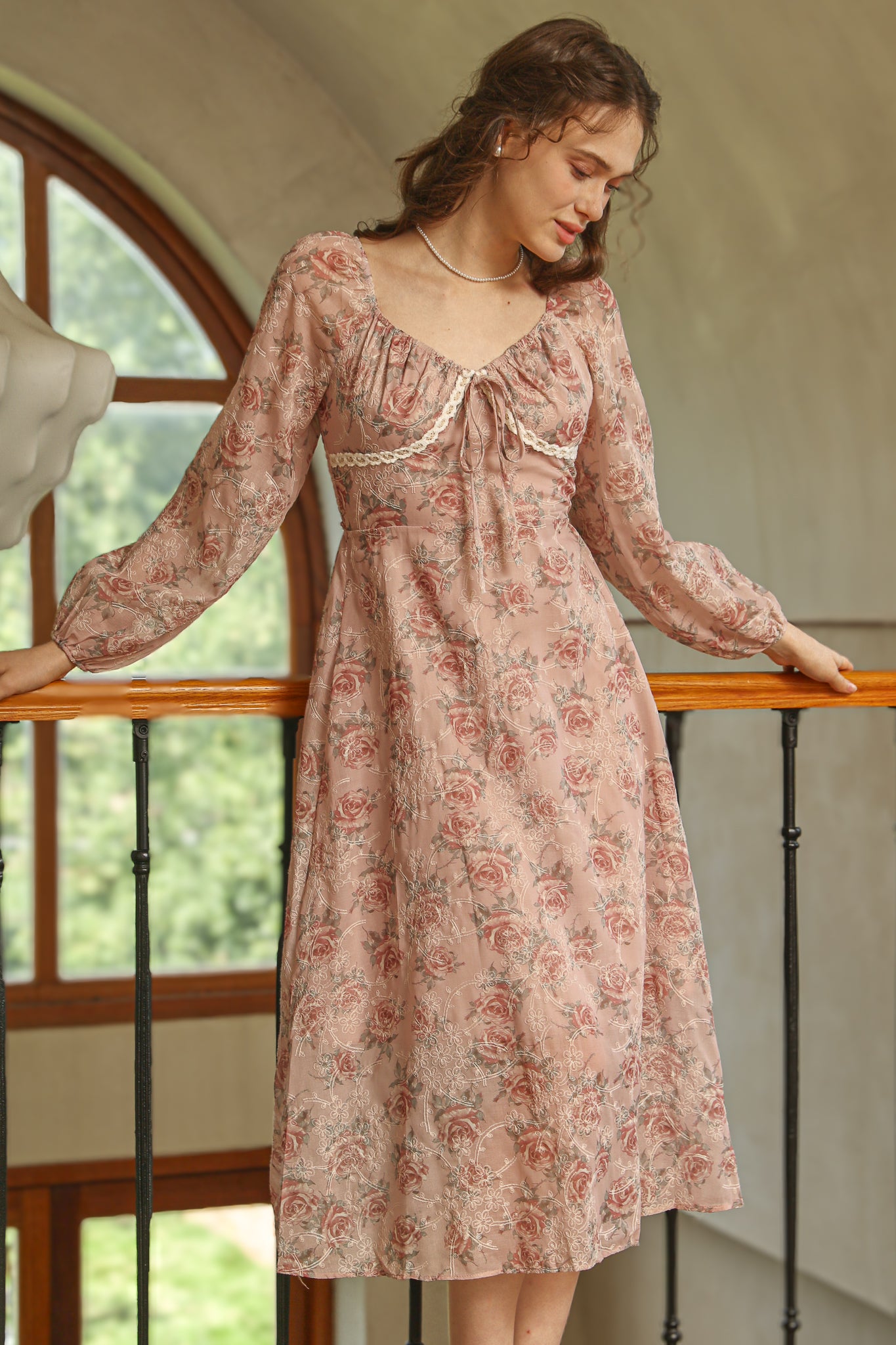 RP2520 - Dusty Rose Lace Trim Floral Dress (2S-2M-2L)