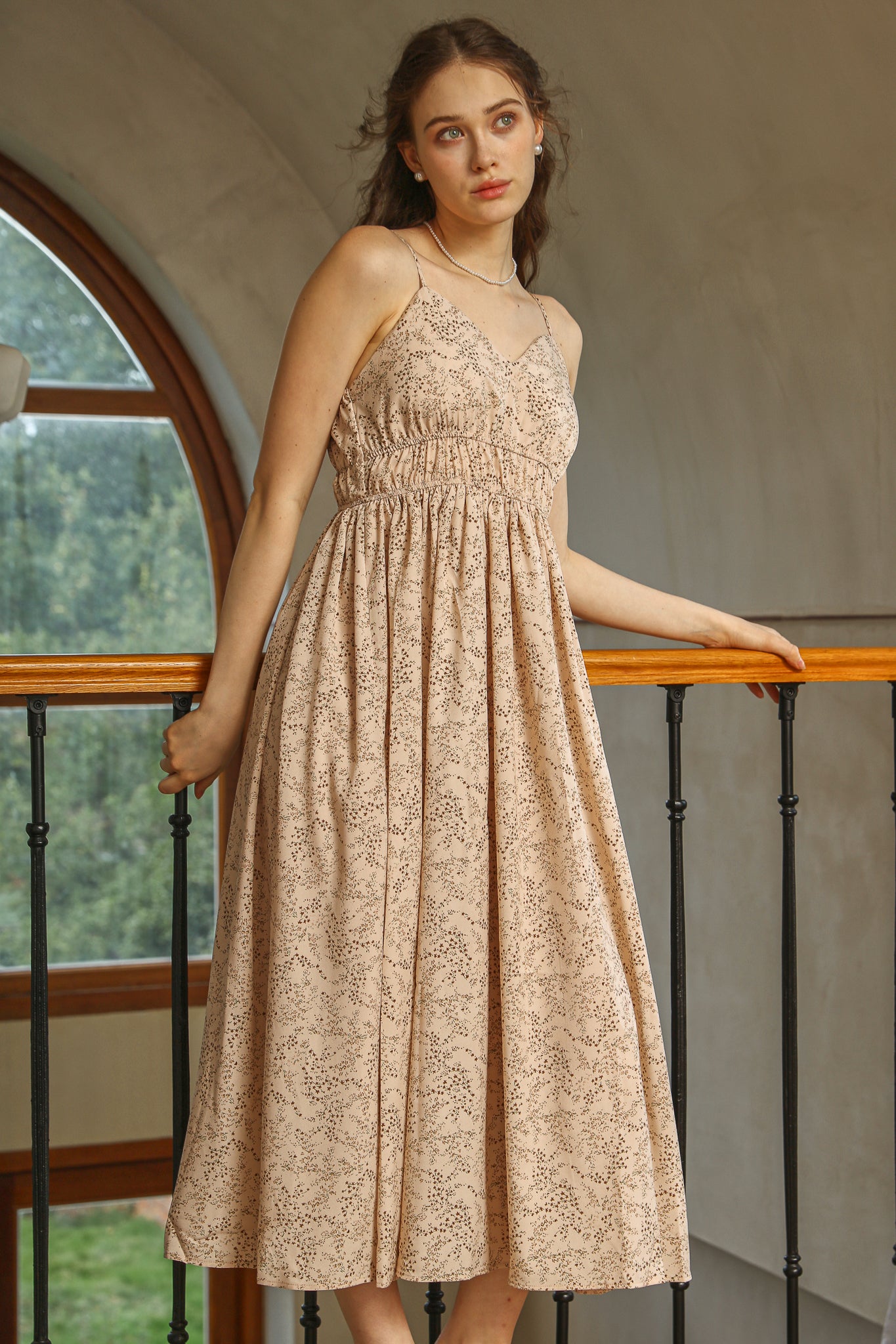 RP2528 - Beige Floral Sundress with Gathered Waist (2S-2M-2L)