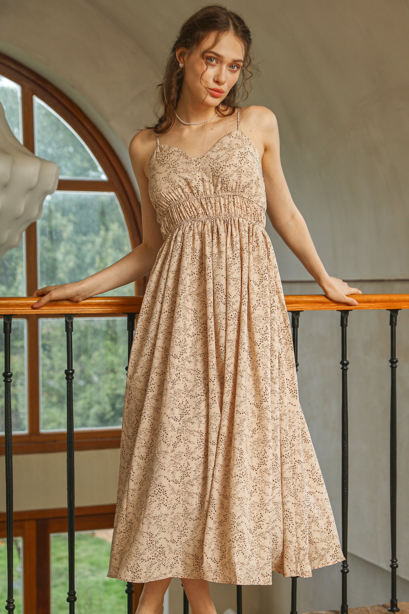 RP2528 - Beige Floral Sundress with Gathered Waist (2S-2M-2L)