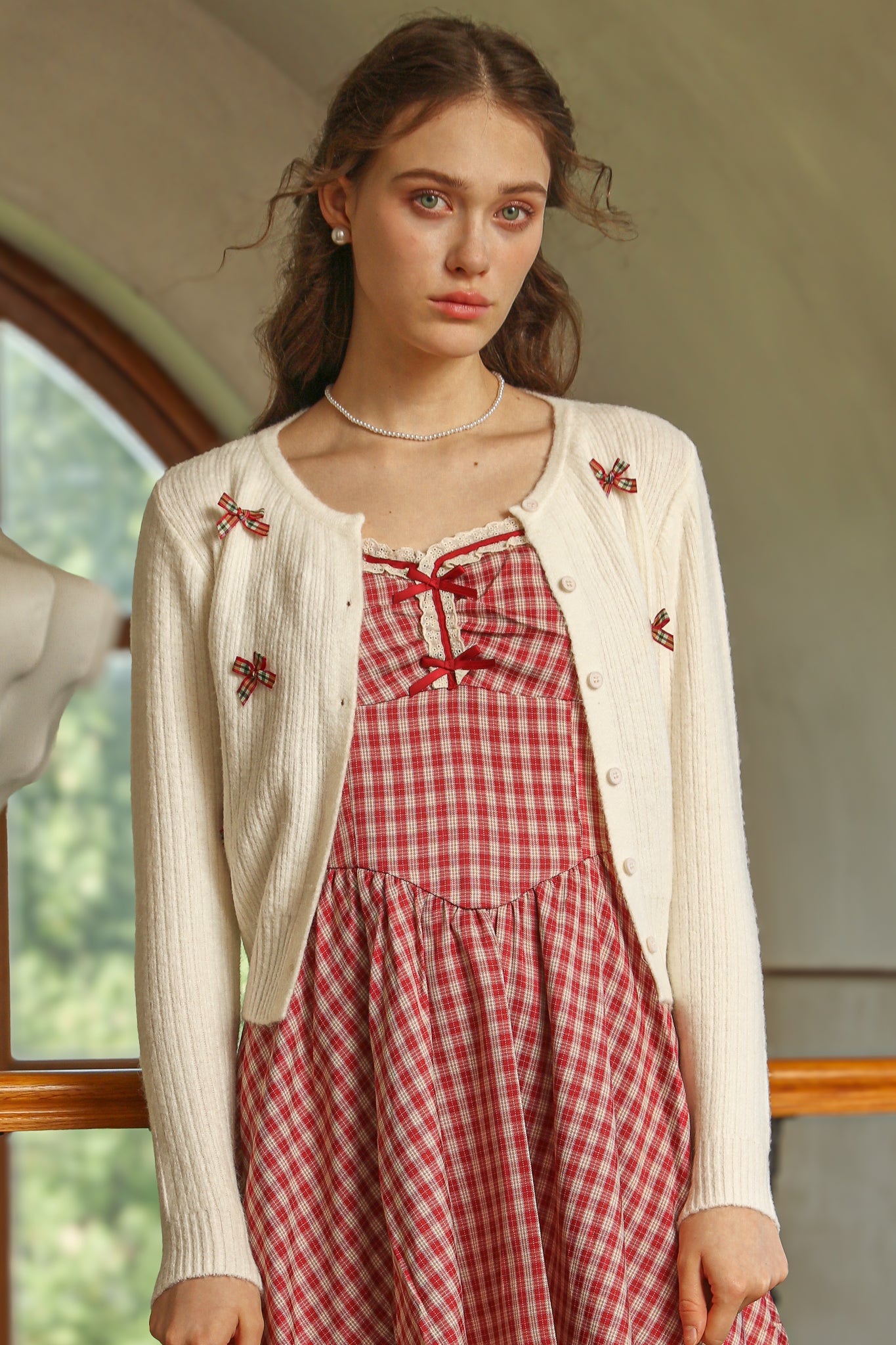 RP2521 - Plaid Bow Embellished Knit Cardigan (2S-2M-2L)