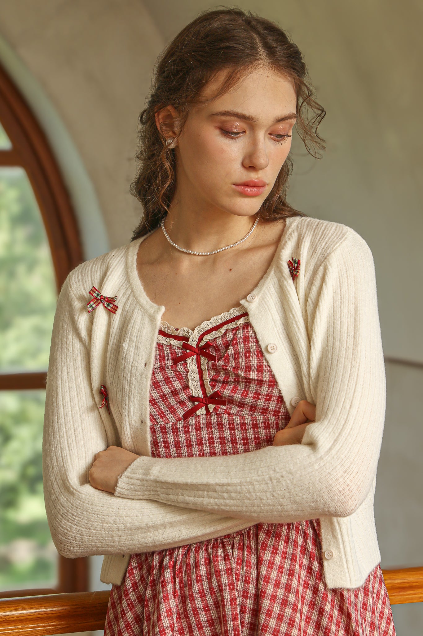 RP2521 - Plaid Bow Embellished Knit Cardigan (2S-2M-2L)