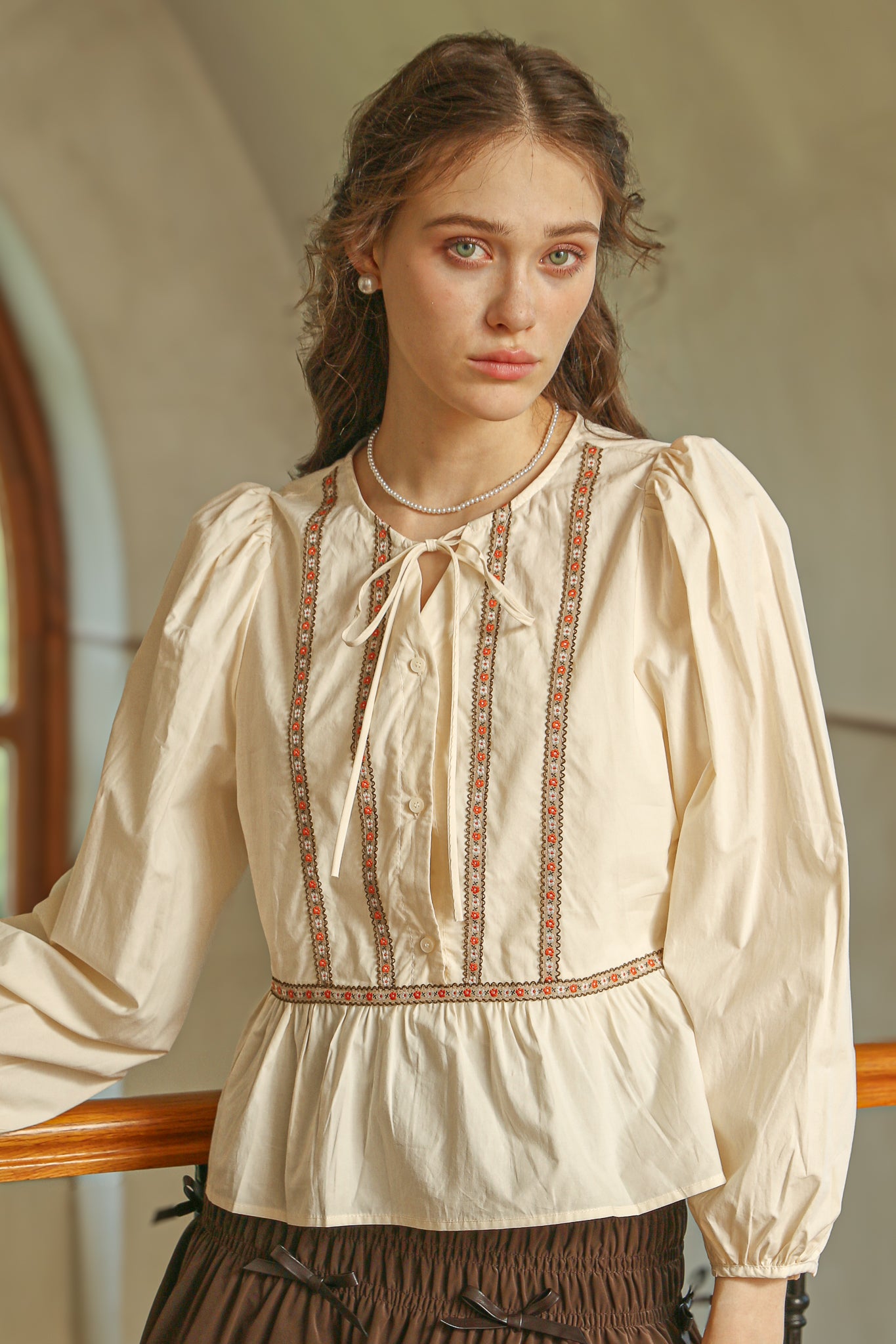 RP2522 - Cream Peplum Blouse with Floral Embroidered Trim(2S-2M-2L)