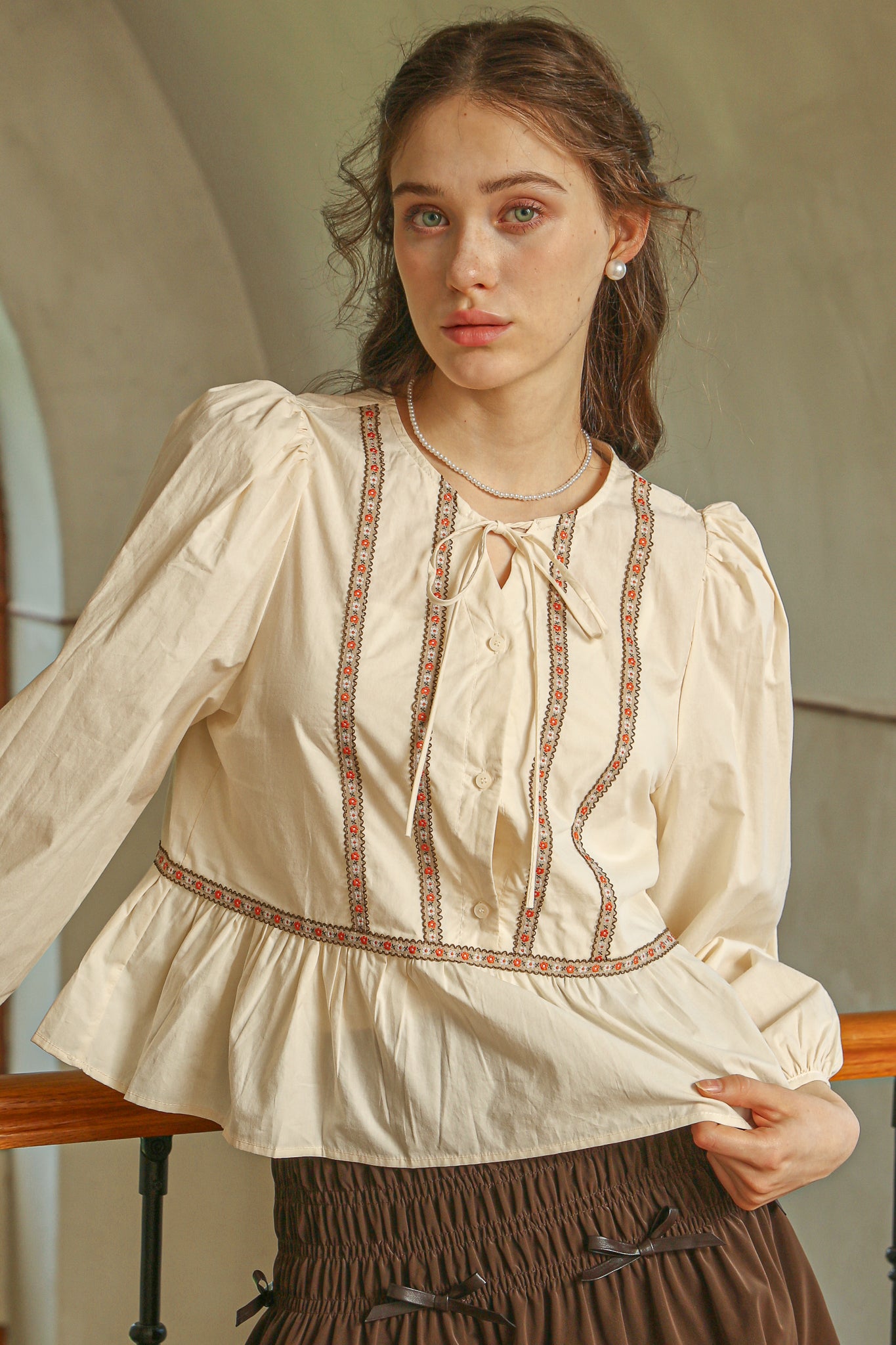 RP2522 - Cream Peplum Blouse with Floral Embroidered Trim(2S-2M-2L)