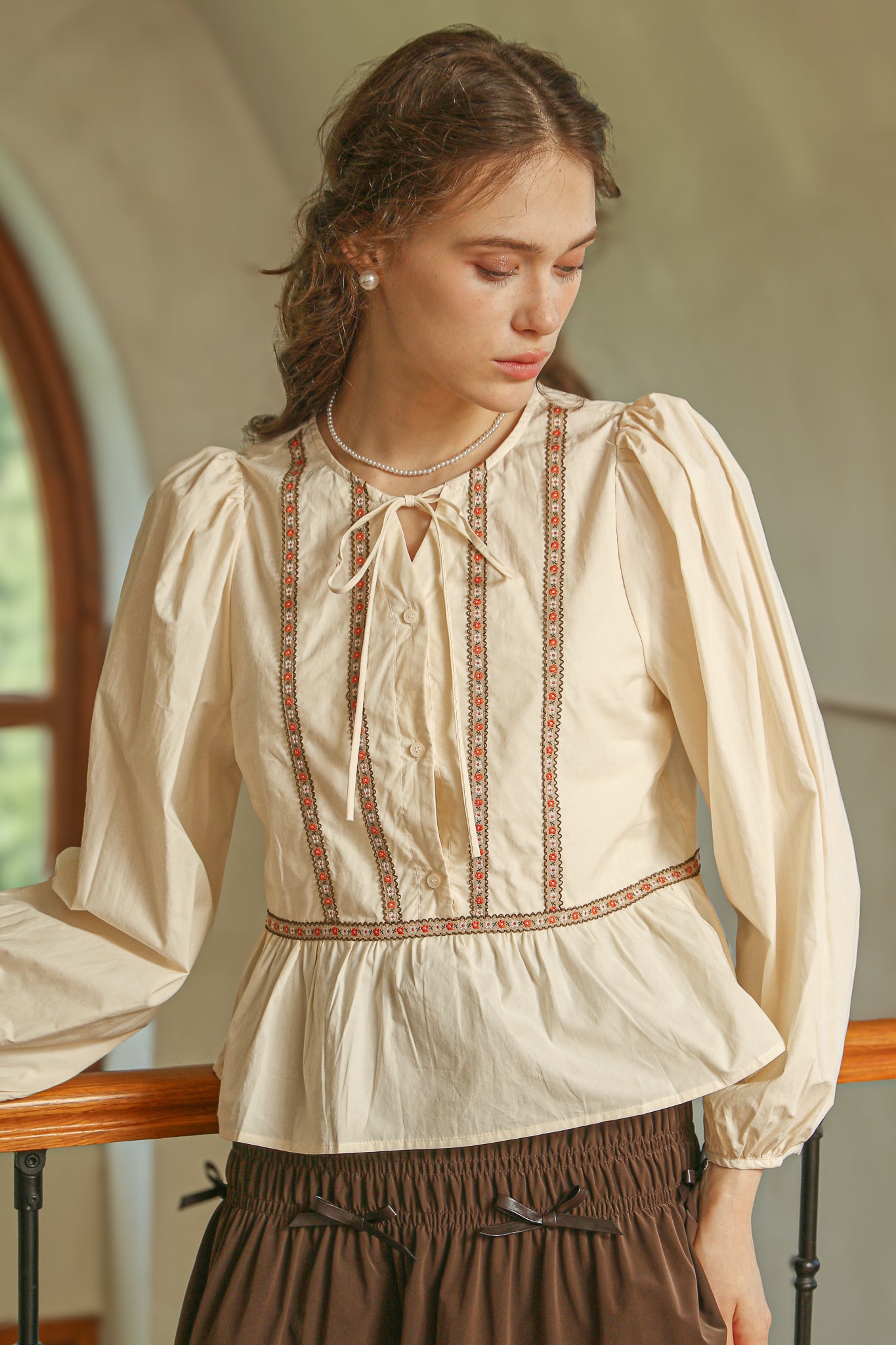 RP2522 - Cream Peplum Blouse with Floral Embroidered Trim(2S-2M-2L)