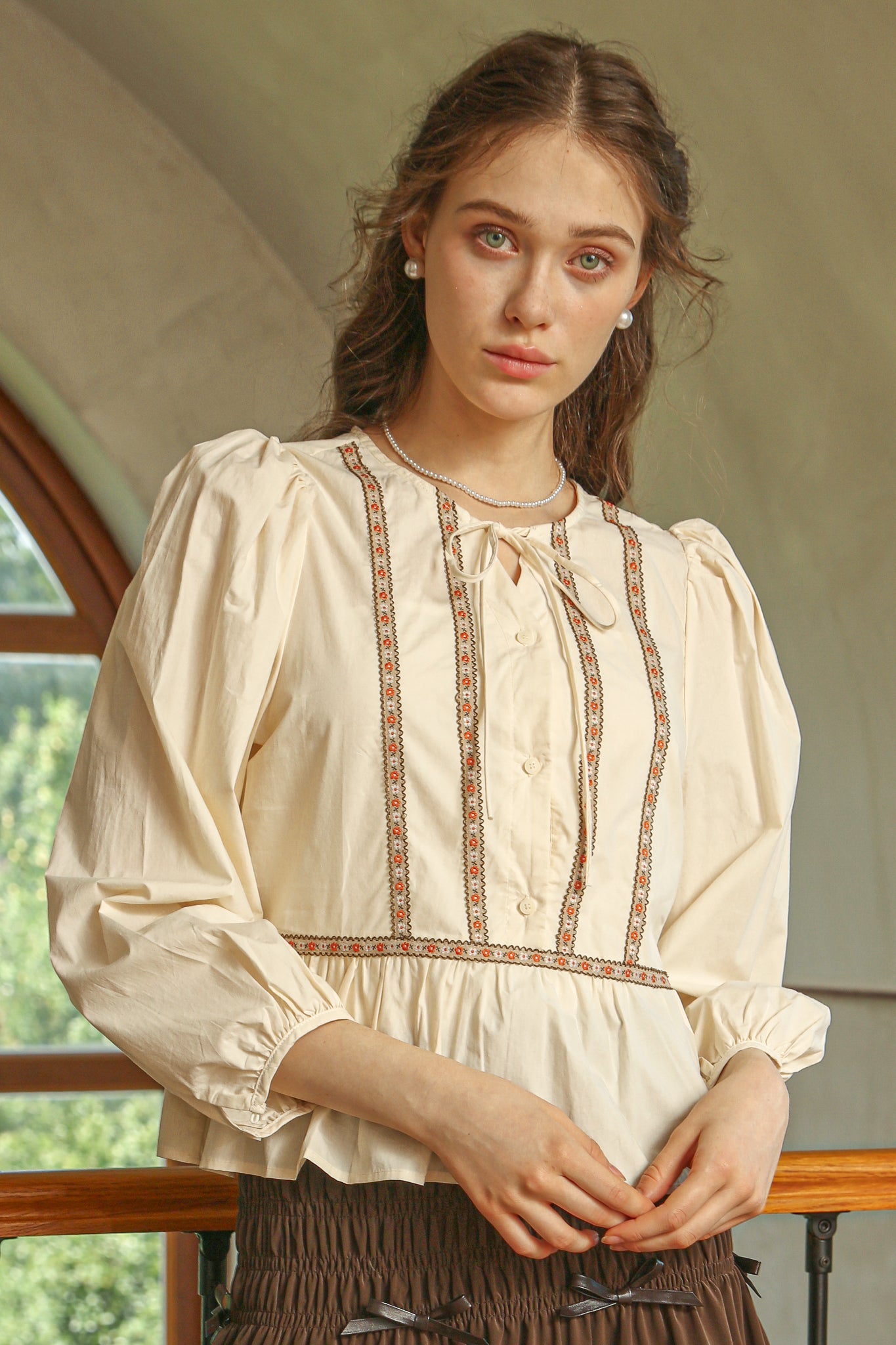 RP2522 - Cream Peplum Blouse with Floral Embroidered Trim(2S-2M-2L)