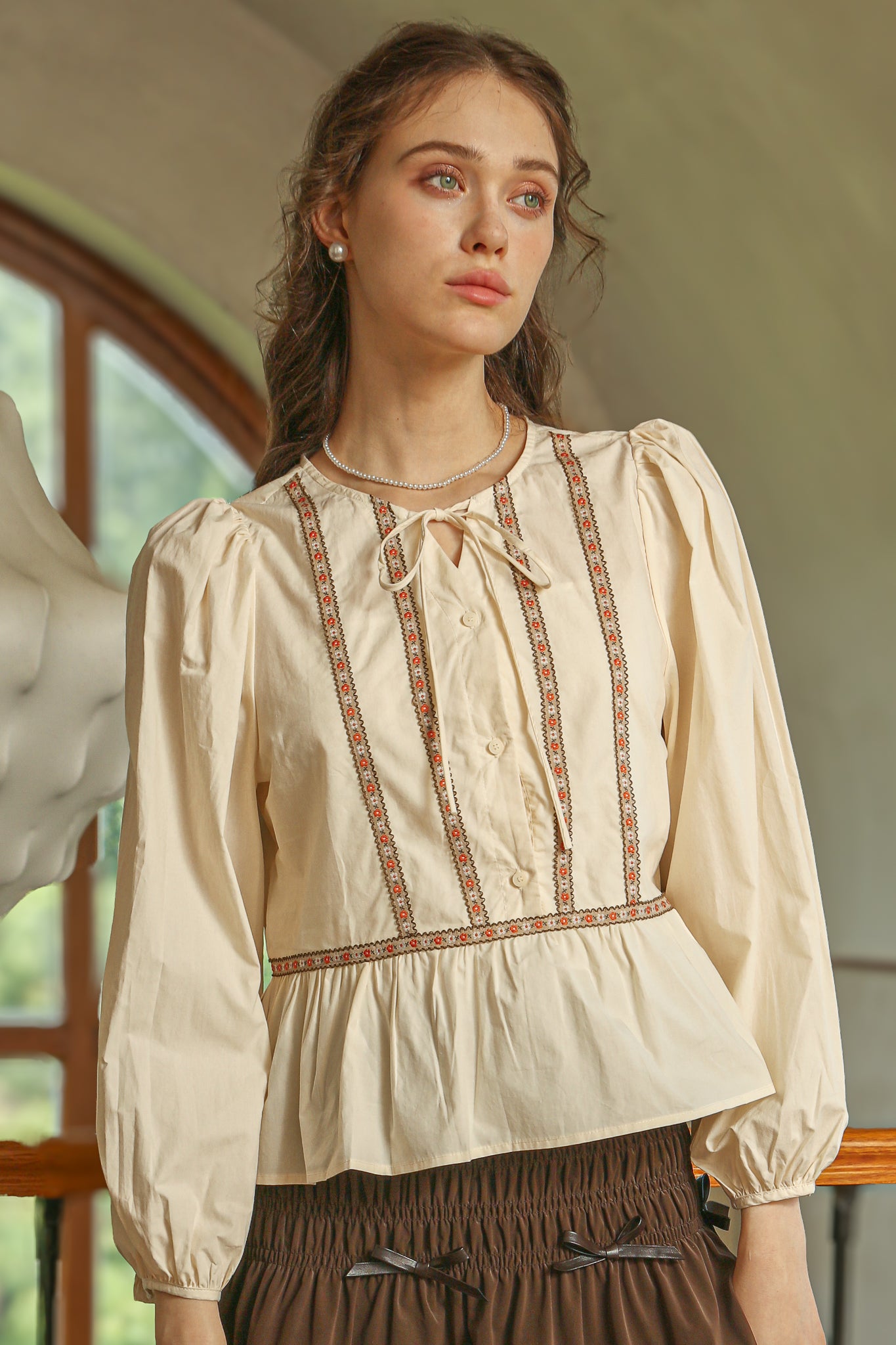 RP2522 - Cream Peplum Blouse with Floral Embroidered Trim(2S-2M-2L)