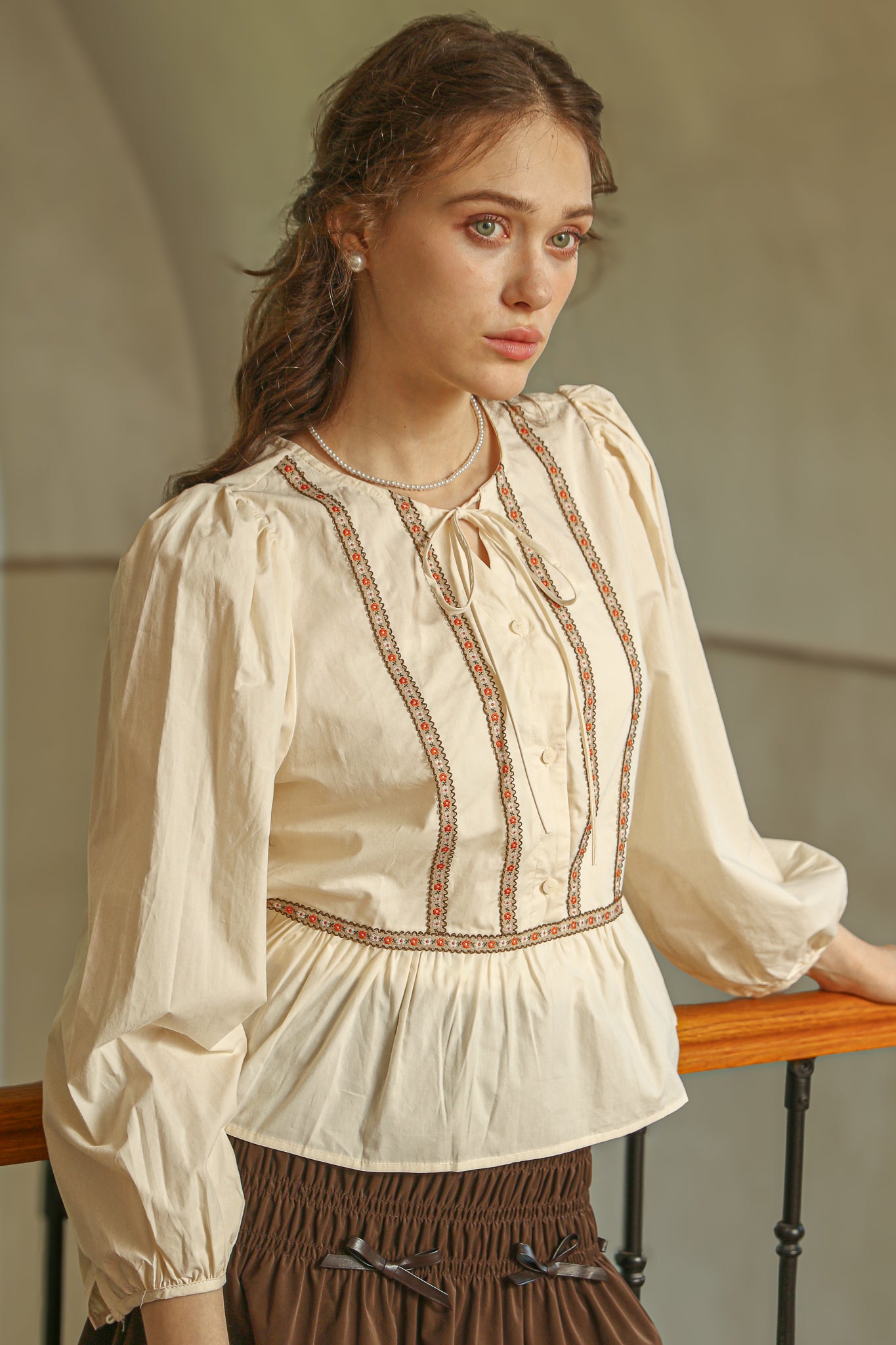 RP2522 - Cream Peplum Blouse with Floral Embroidered Trim(2S-2M-2L)