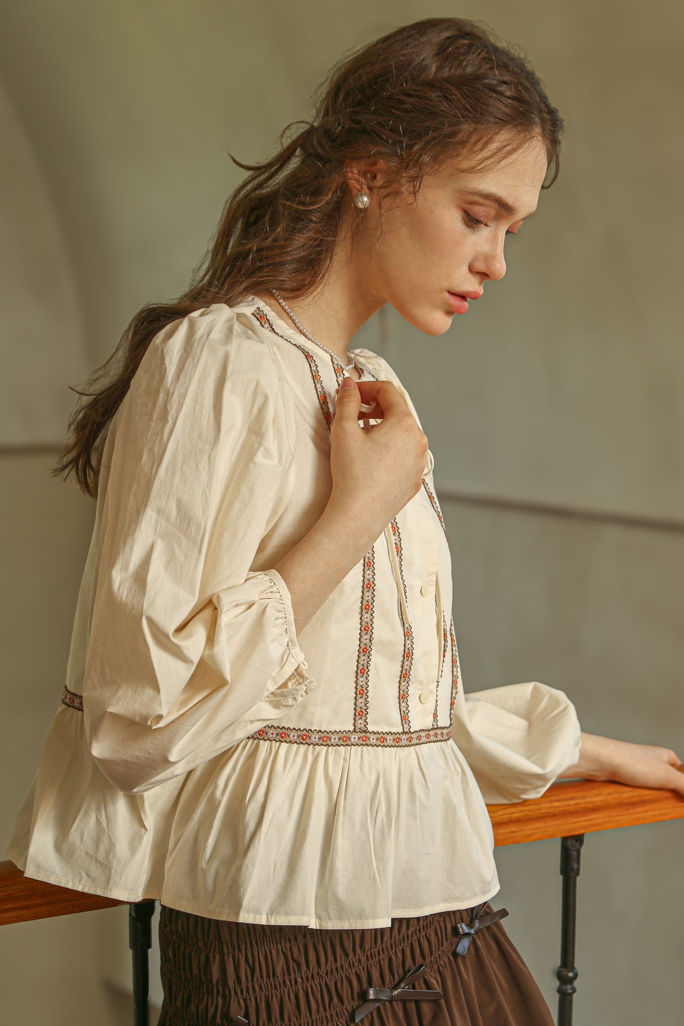 RP2522 - Cream Peplum Blouse with Floral Embroidered Trim(2S-2M-2L)