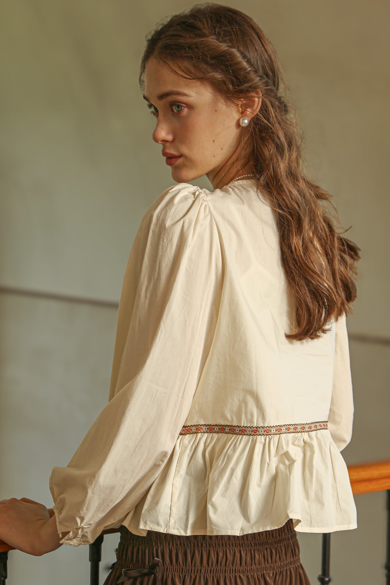 RP2522 - Cream Peplum Blouse with Floral Embroidered Trim(2S-2M-2L)