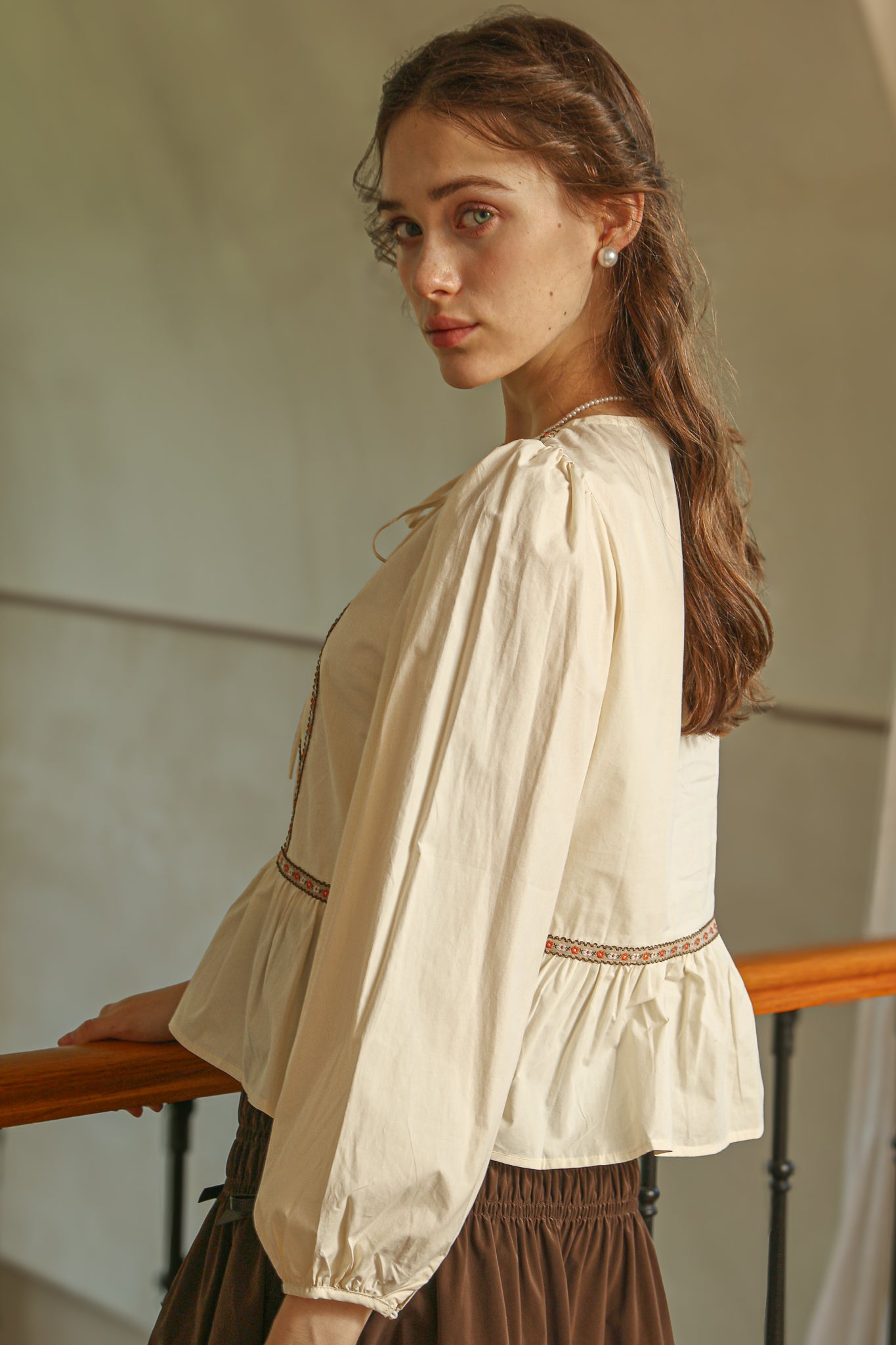 RP2522 - Cream Peplum Blouse with Floral Embroidered Trim(2S-2M-2L)