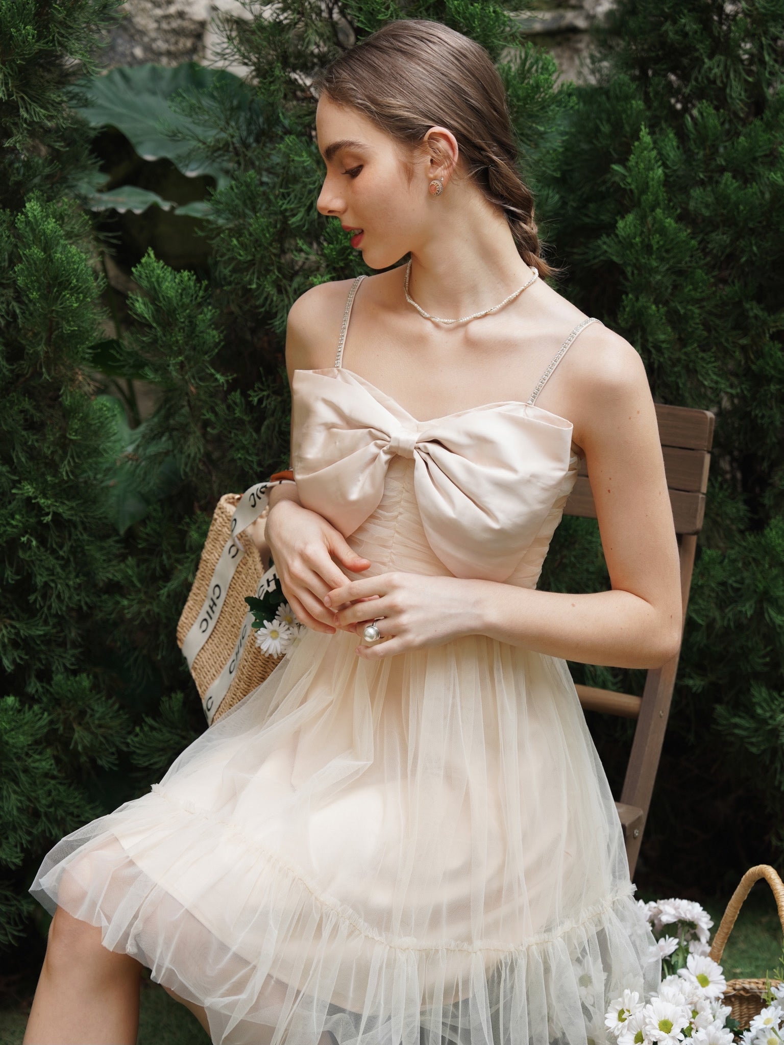 RP2250 - Champagne Tulle Cocktail Dress with Bow Accent and Sheer Overlay (2S-2M-2L)