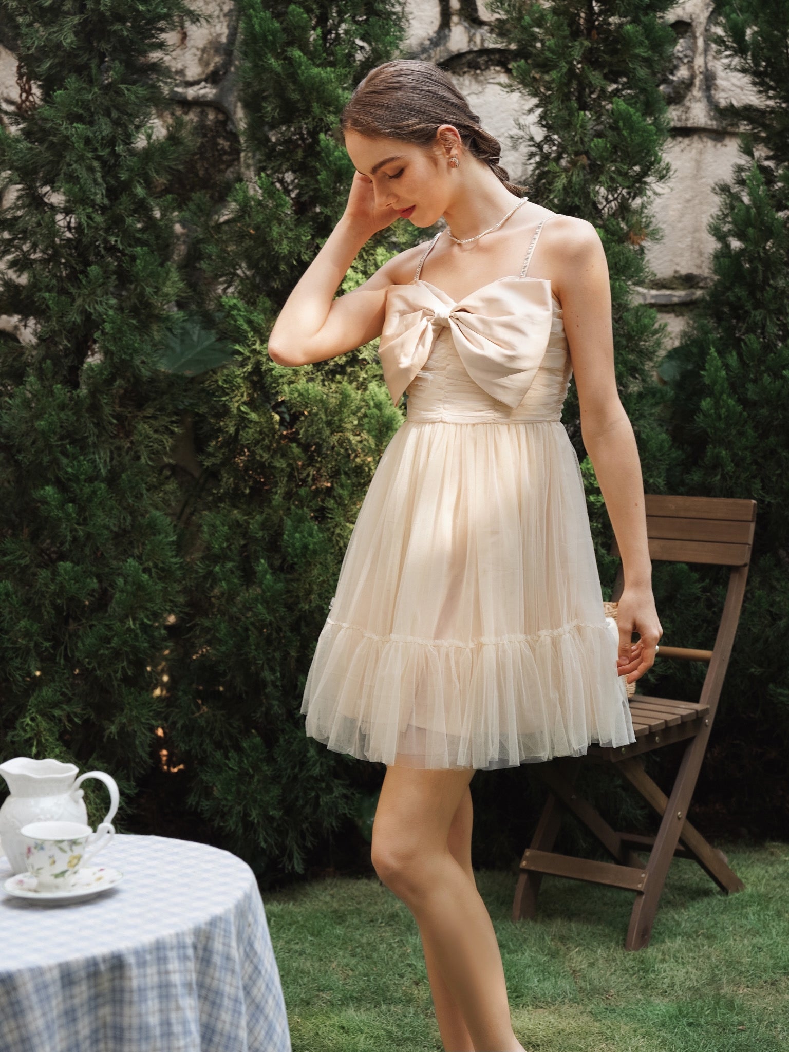 RP2250 - Champagne Tulle Cocktail Dress with Bow Accent and Sheer Overlay (2S-2M-2L)