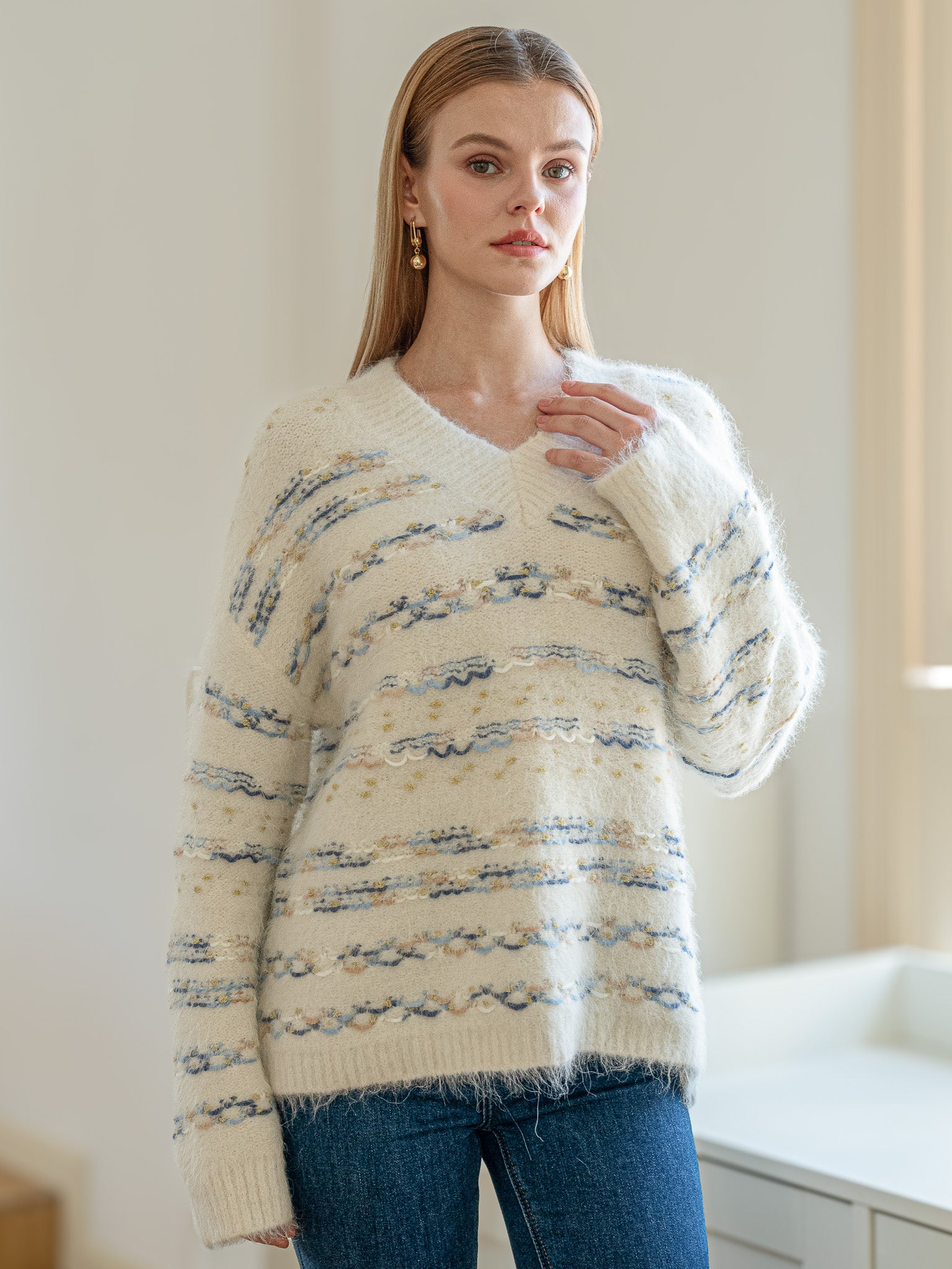 RP2135 - V-Neck Alpaca Wool Blend Sweater with Striped Accents (3S-2M-1L)