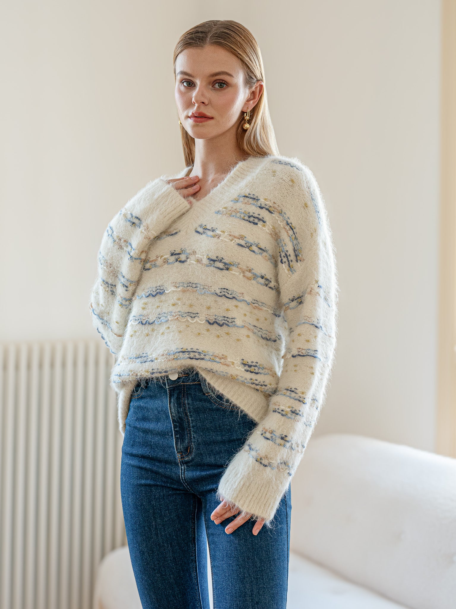 RP2135 - V-Neck Alpaca Wool Blend Sweater with Striped Accents (3S-2M-1L)