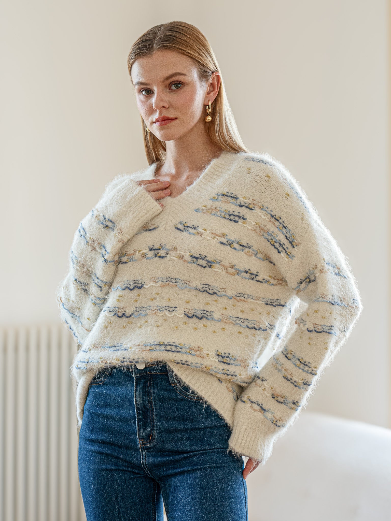 RP2135 - V-Neck Alpaca Wool Blend Sweater with Striped Accents (3S-2M-1L)