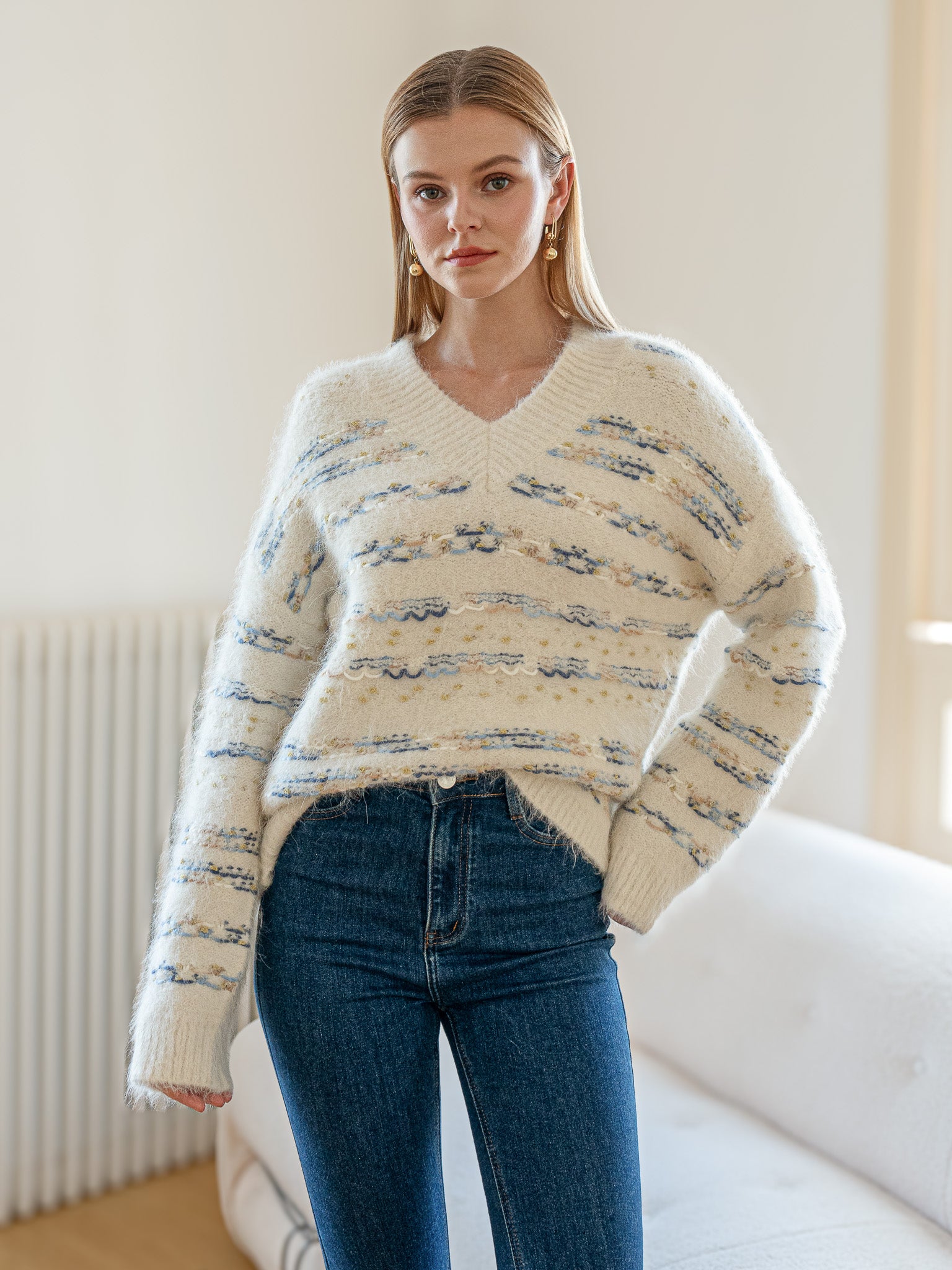RP2135 - V-Neck Alpaca Wool Blend Sweater with Striped Accents (3S-2M-1L)