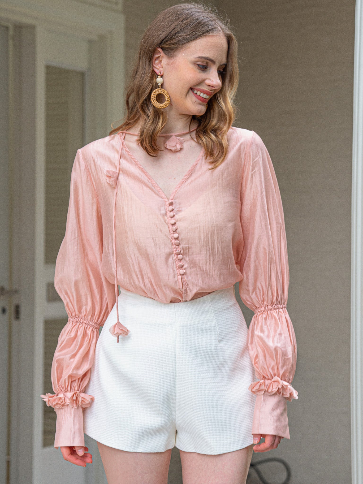 RP2215 - Peach Blossom Sheer Blouson Sleeve Drawstring Top (3S-2M-1L)
