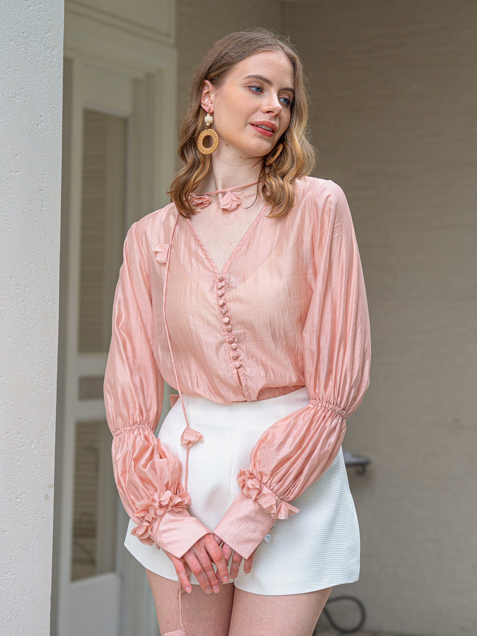 RP2215 - Peach Blossom Sheer Blouson Sleeve Drawstring Top (3S-2M-1L)