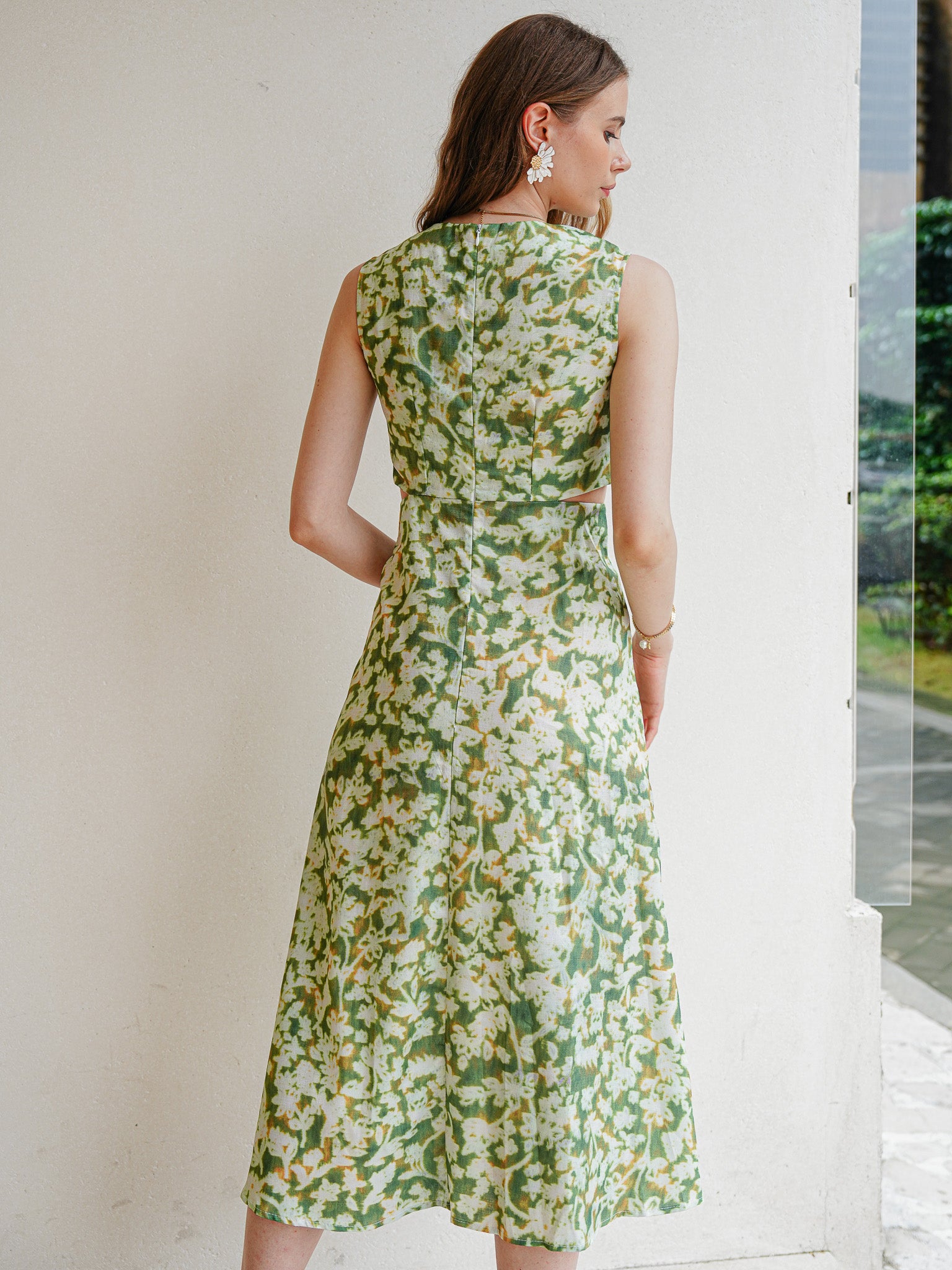RP2201 - Green Floral Cut-out Mid-Length Dresss (2S-2M-2L)